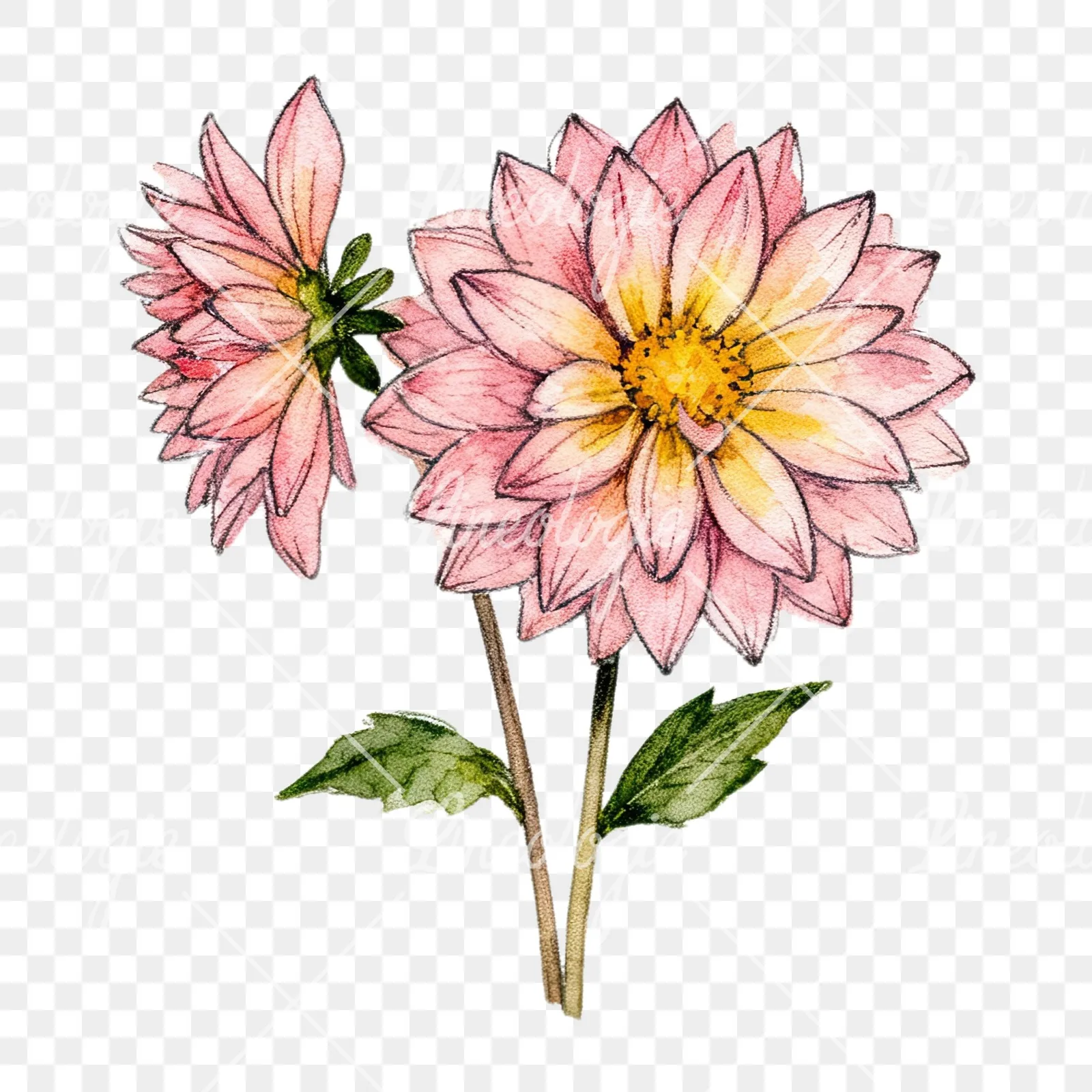 Watercolor single color dahlia bouquet clipart 2 of 12 on a transparent background (PNG)