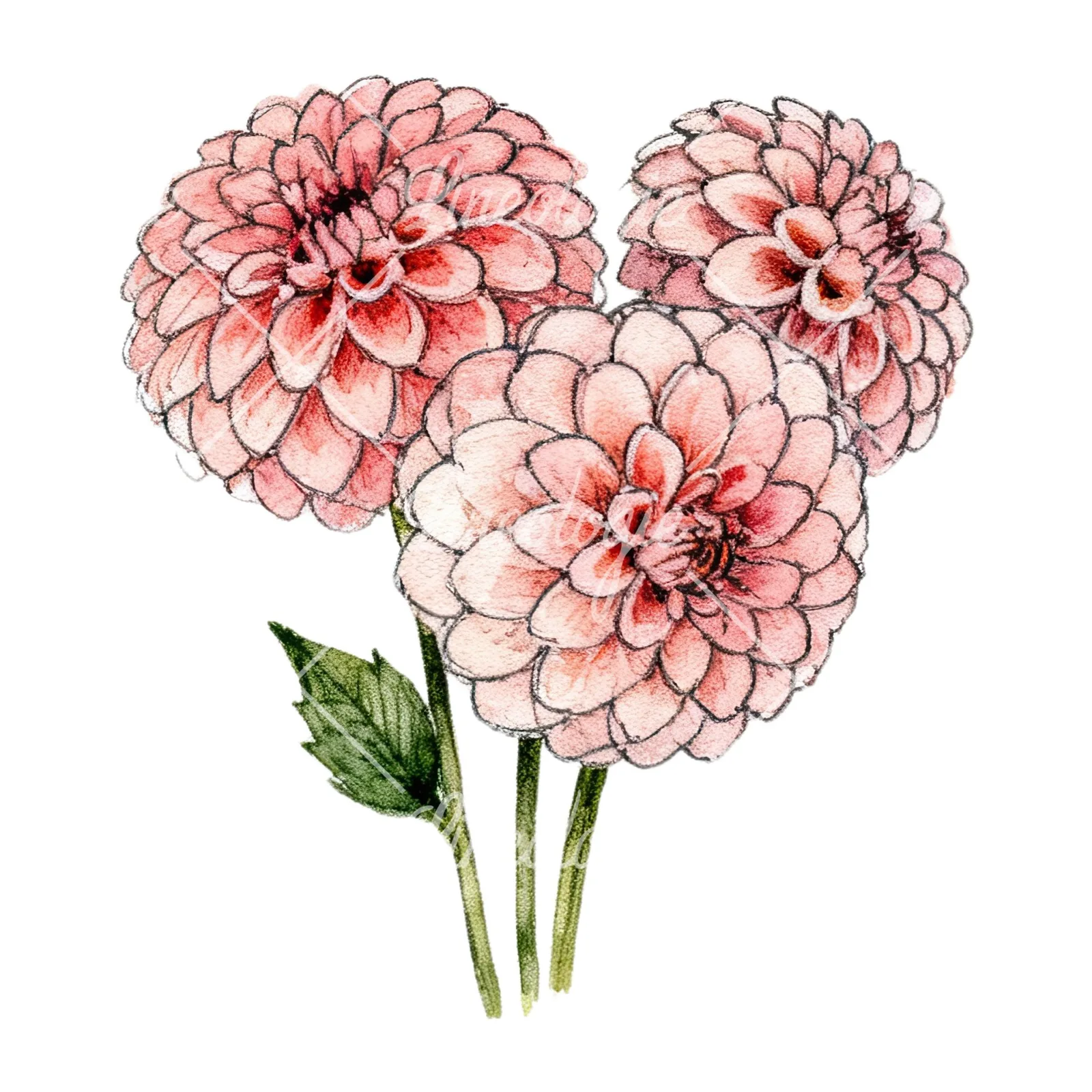Watercolor single color dahlia bouquet clipart 4 of 12 on a white background (JPG)