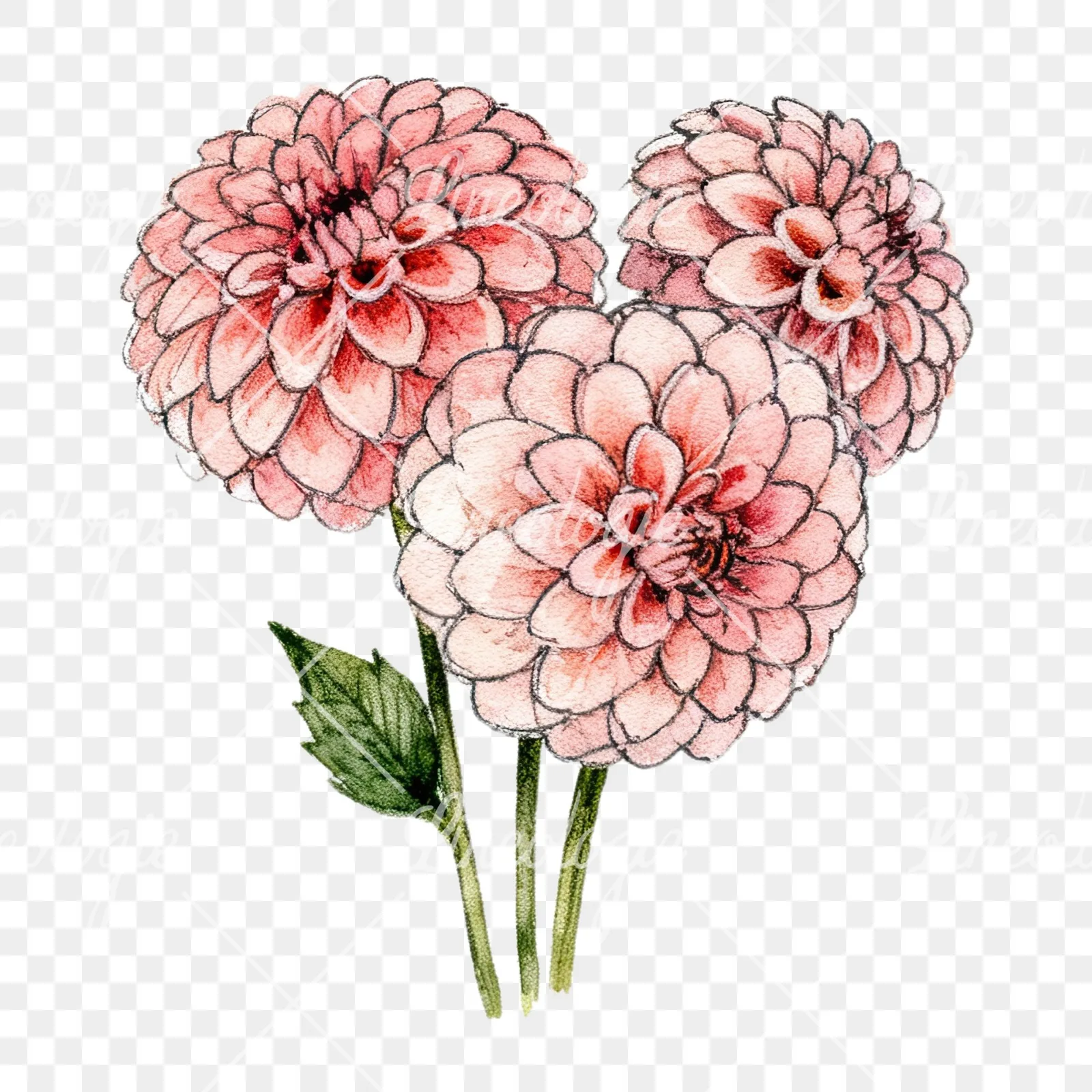 Watercolor single color dahlia bouquet clipart 4 of 12 on a transparent background (PNG)