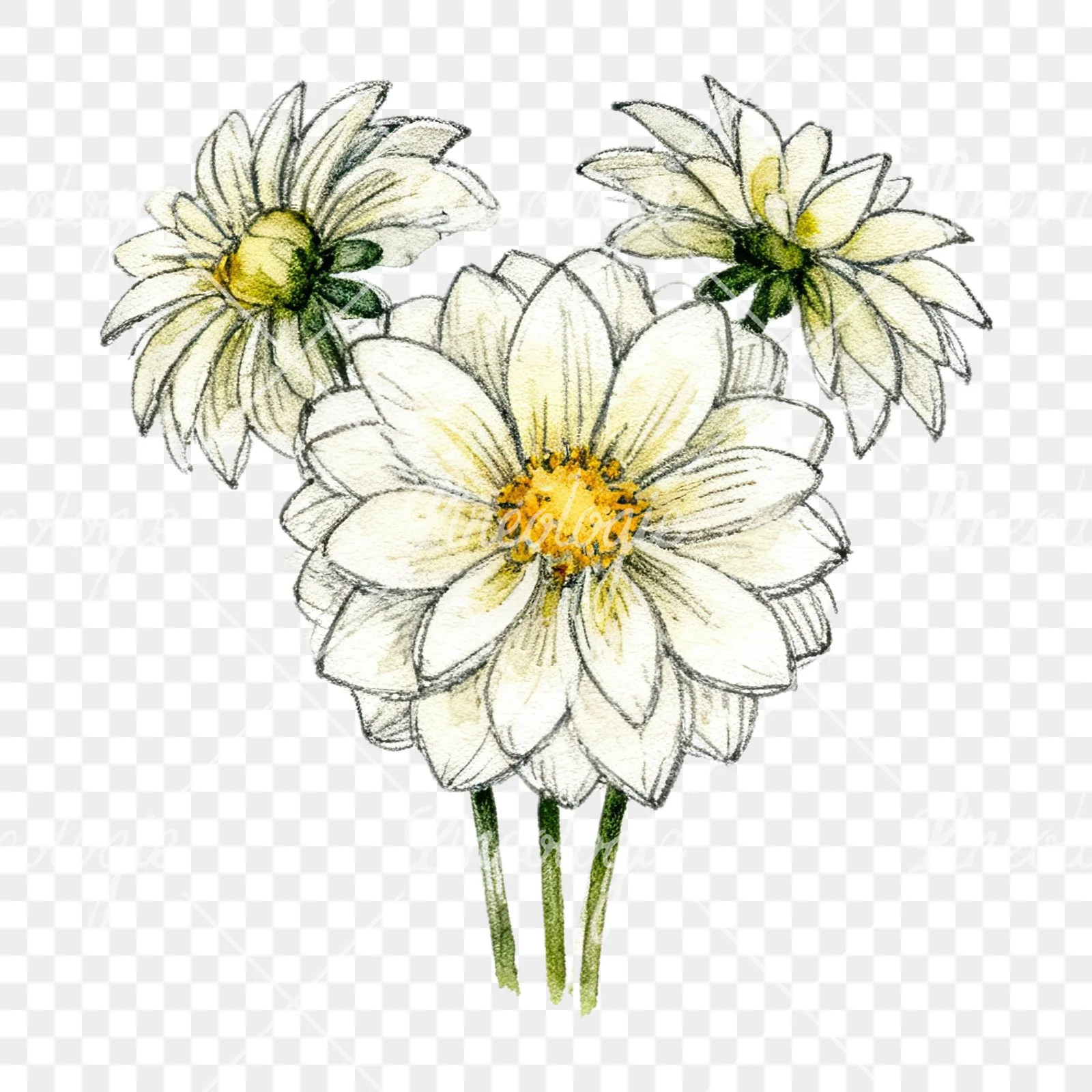 Watercolor single color dahlia bouquet clipart 12 of 12 on a transparent background (PNG)