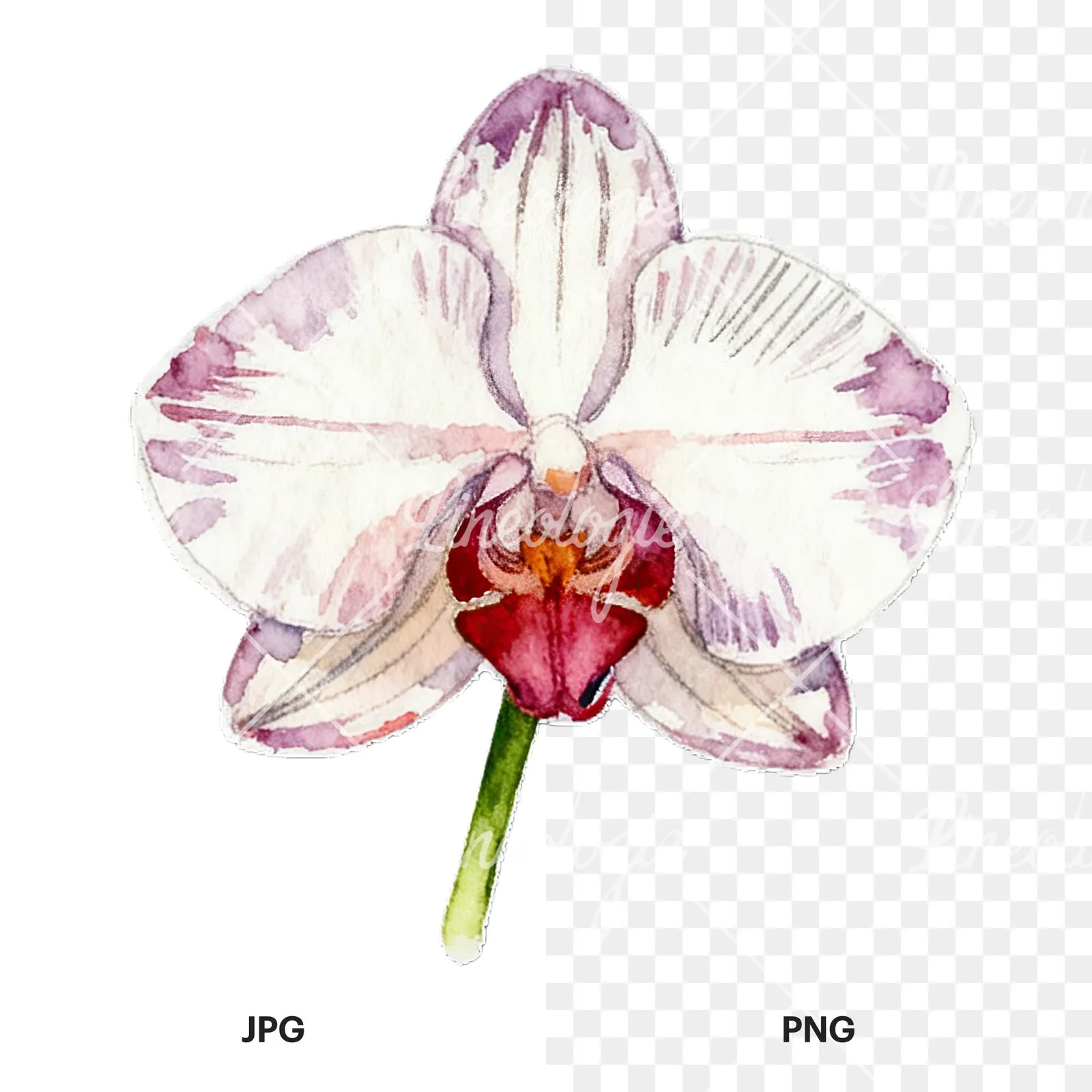 Watercolor striped orchid flower clipart 12 of 12, as a JPG on white and a transparent PNG
