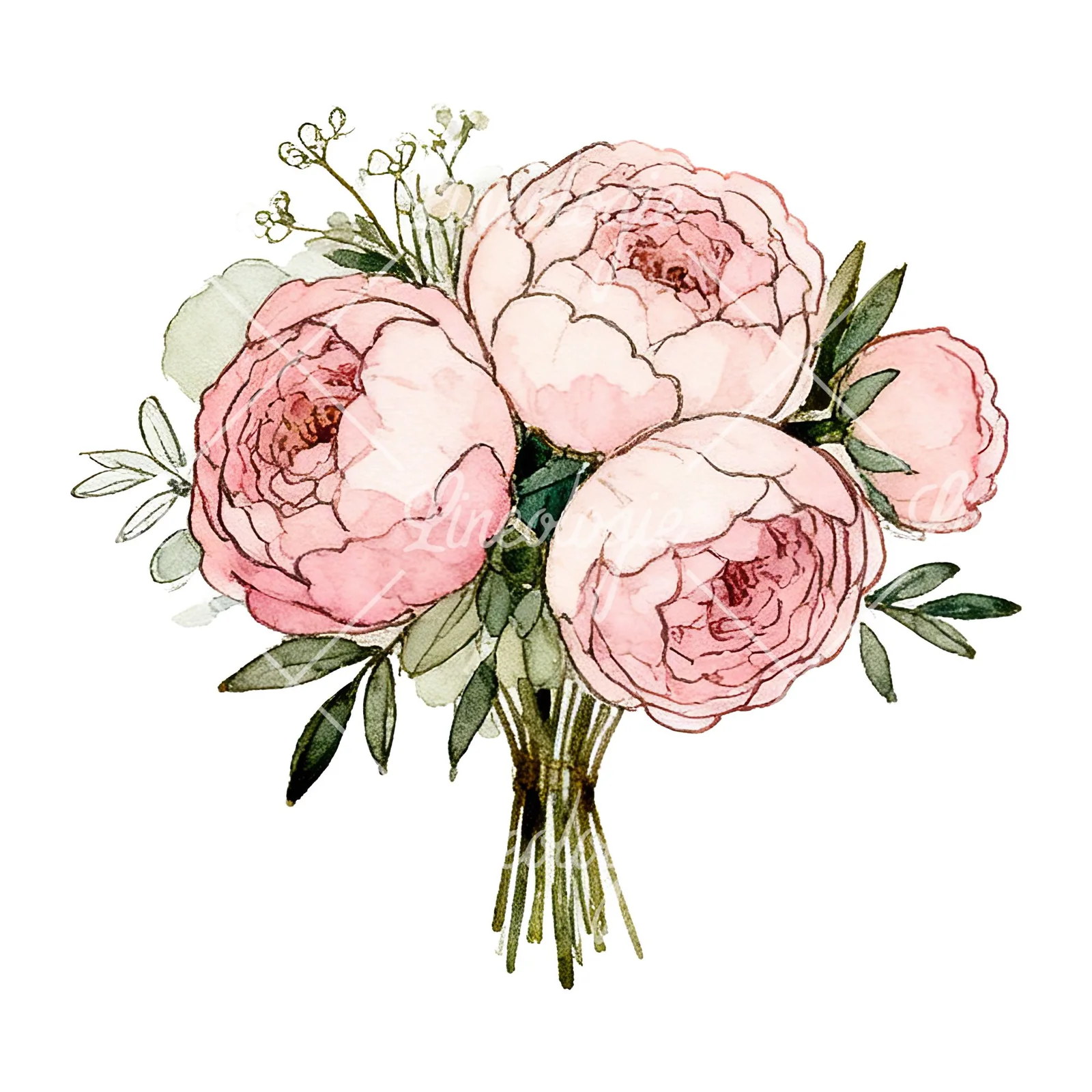 Watercolor pink peony sage wedding bouquet clipart 1 of 12 on a white background (JPG)