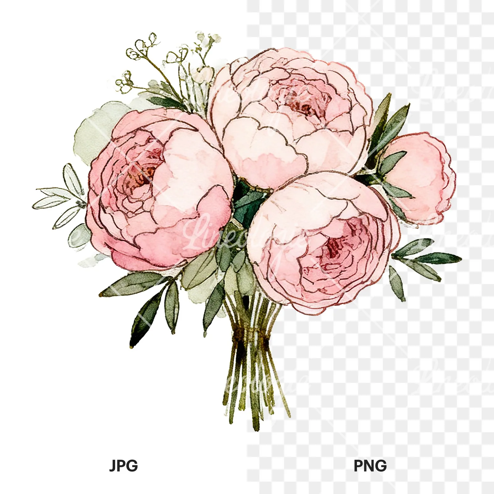 Watercolor pink peony sage wedding bouquet clipart 1 of 12, as a JPG on white and a transparent PNG