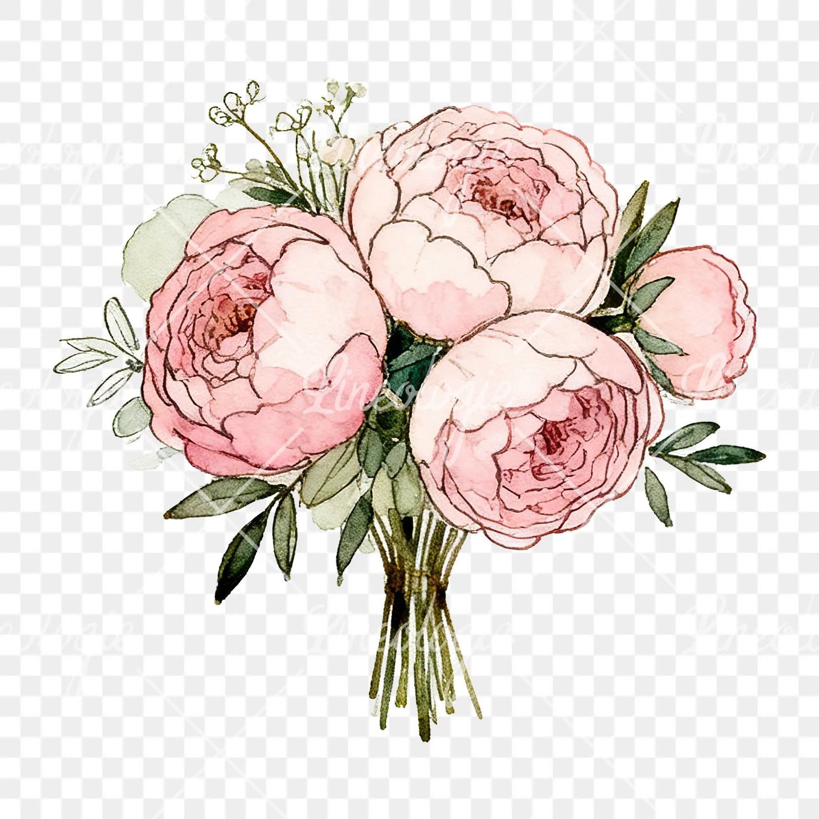 Watercolor pink peony sage wedding bouquet clipart 1 of 12 on a transparent background (PNG)