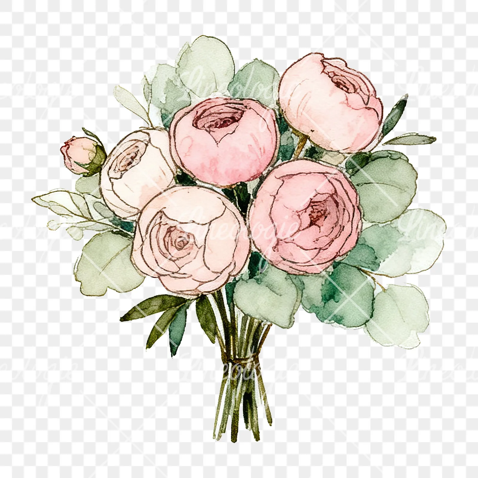 Watercolor pink peony sage wedding bouquet clipart 2 of 12 on a transparent background (PNG)