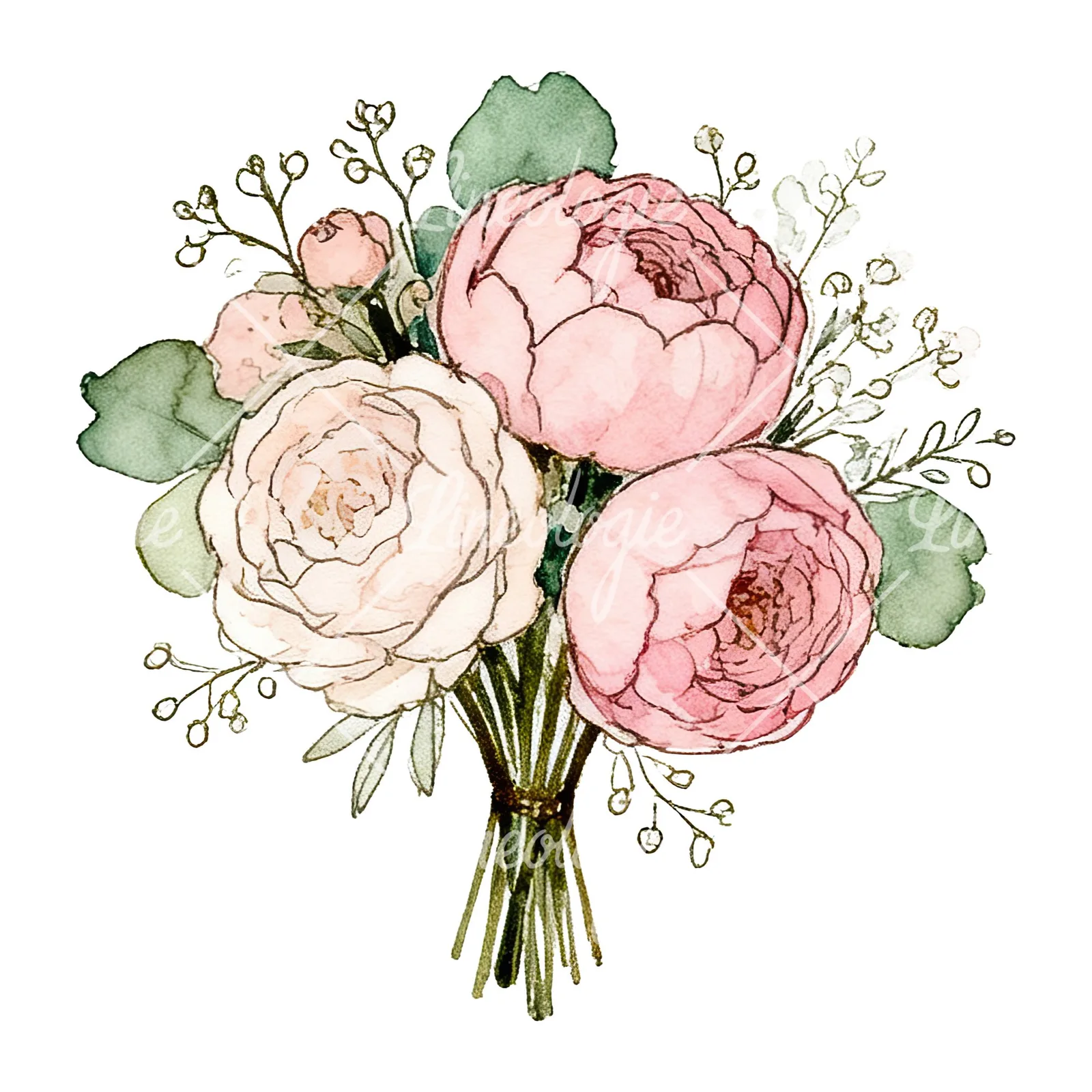 Watercolor pink peony sage wedding bouquet clipart 3 of 12 on a white background (JPG)