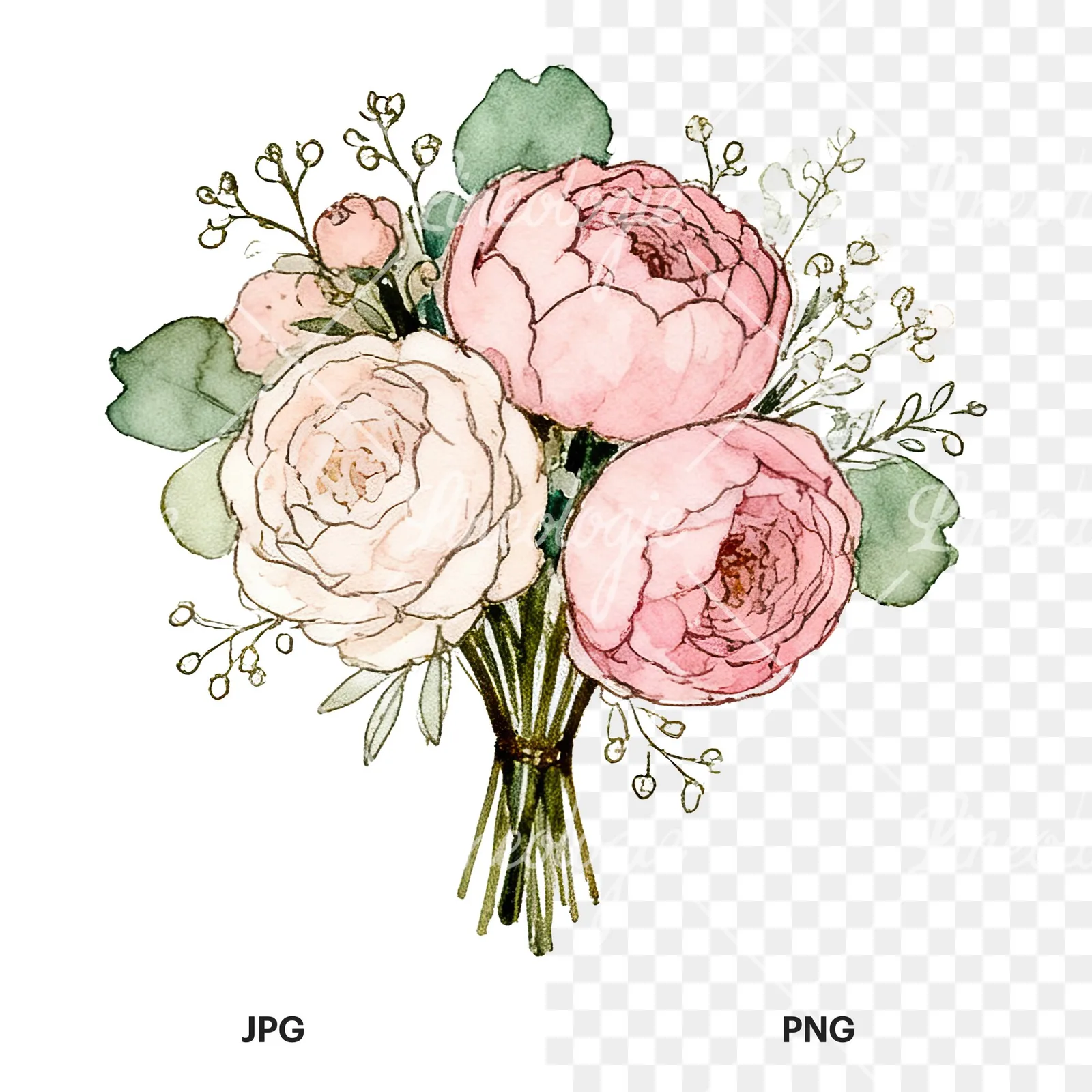 Watercolor pink peony sage wedding bouquet clipart 3 of 12, as a JPG on white and a transparent PNG