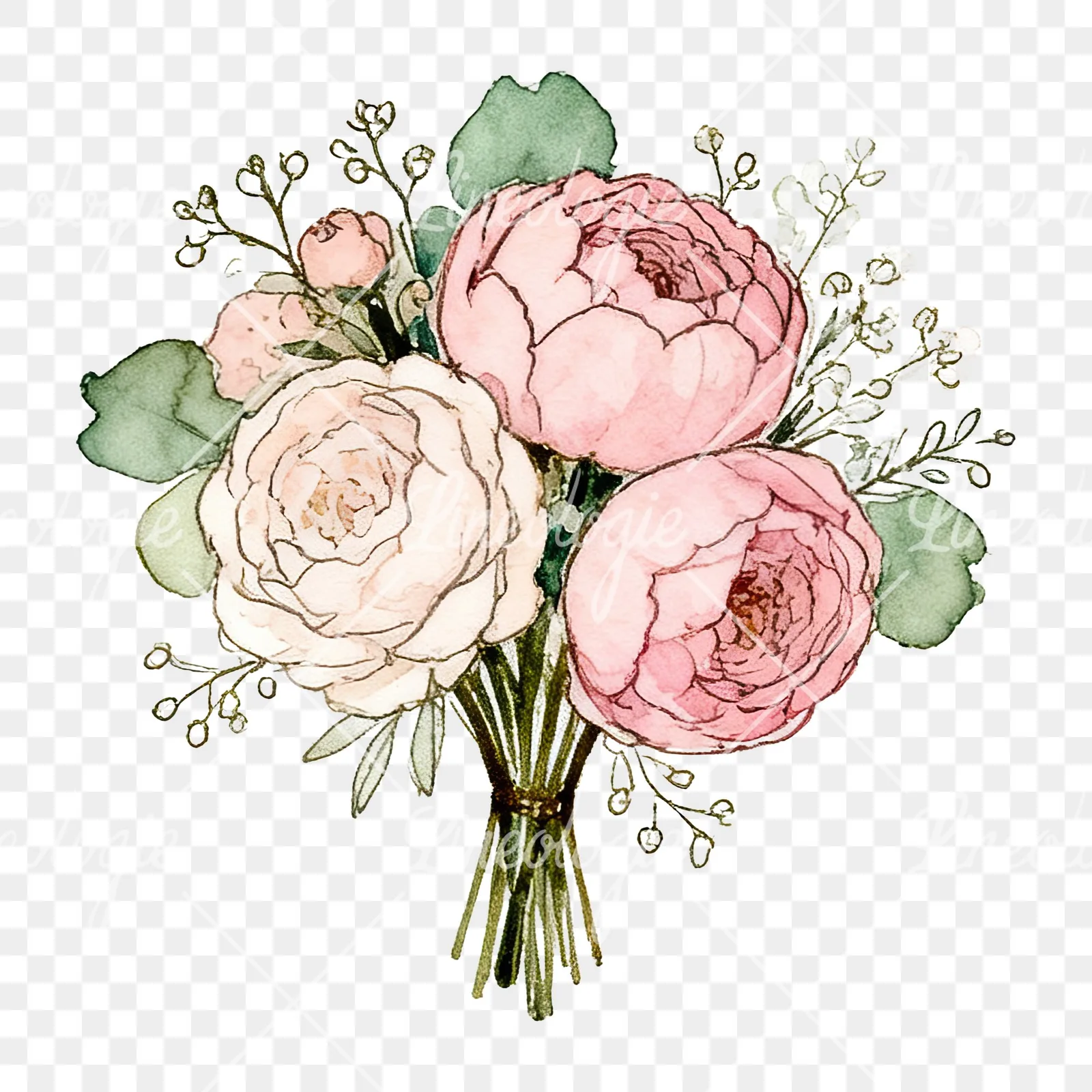 Watercolor pink peony sage wedding bouquet clipart 3 of 12 on a transparent background (PNG)