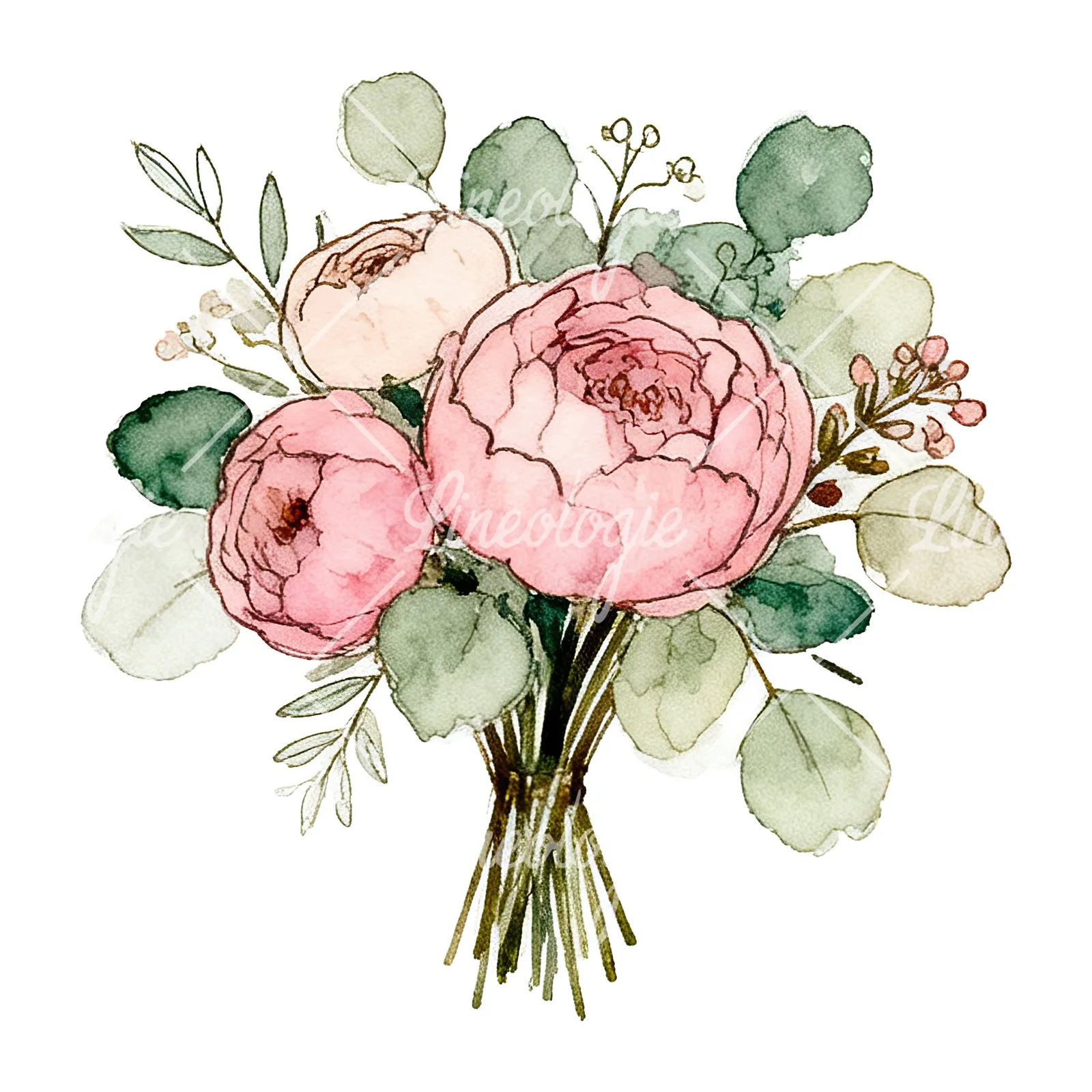 Watercolor pink peony sage wedding bouquet clipart 4 of 12 on a white background (JPG)