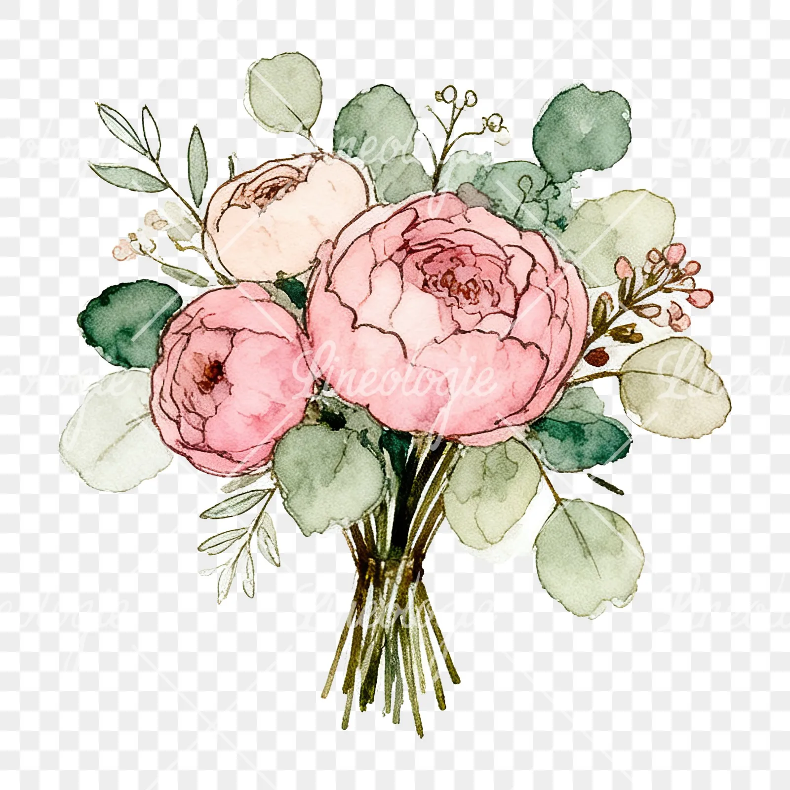 Watercolor pink peony sage wedding bouquet clipart 4 of 12 on a transparent background (PNG)