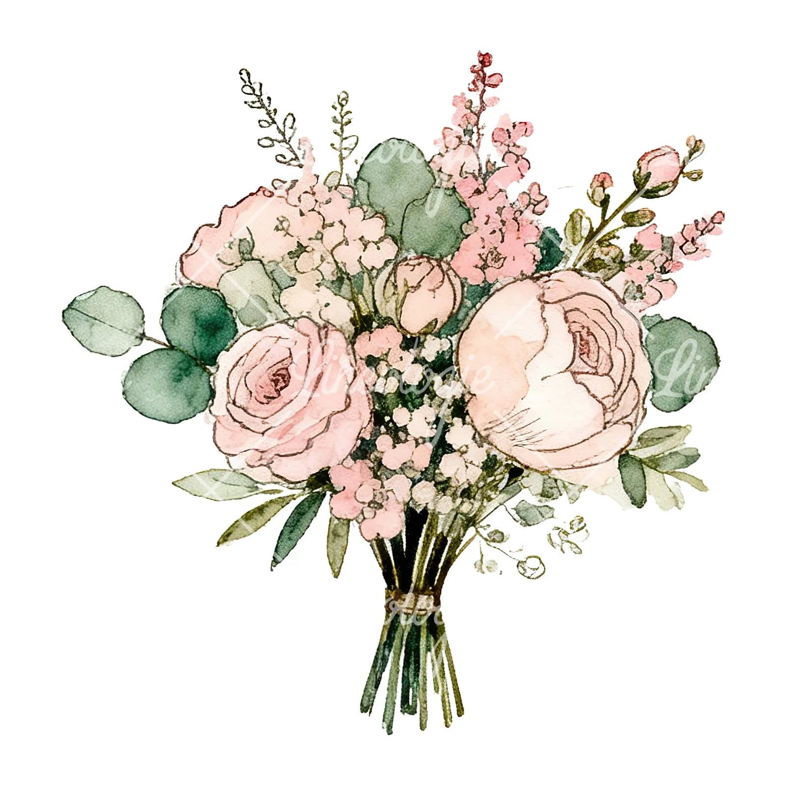 Watercolor pink peony sage wedding bouquet clipart 5 of 12 on a white background (JPG)