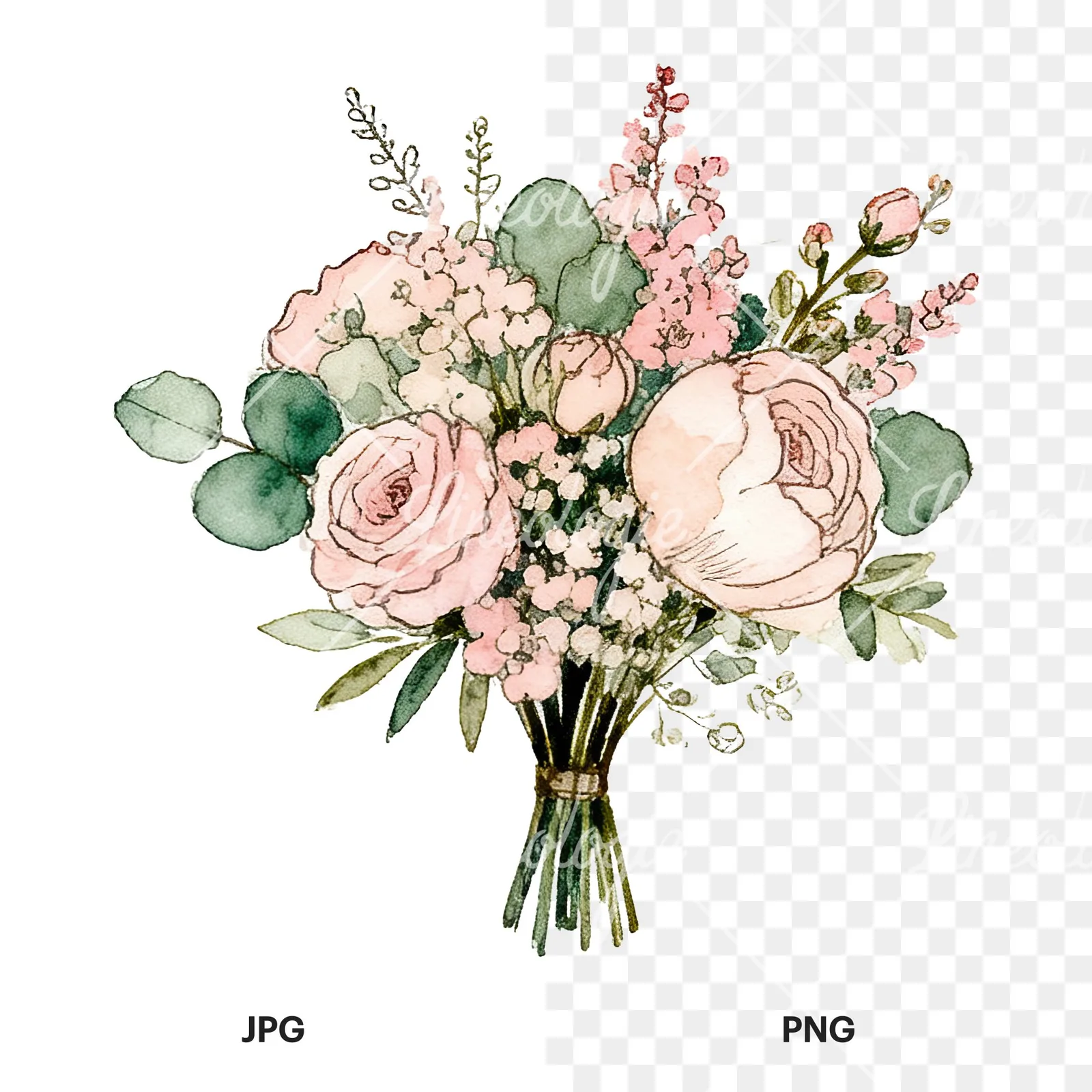 Watercolor pink peony sage wedding bouquet clipart 5 of 12, as a JPG on white and a transparent PNG