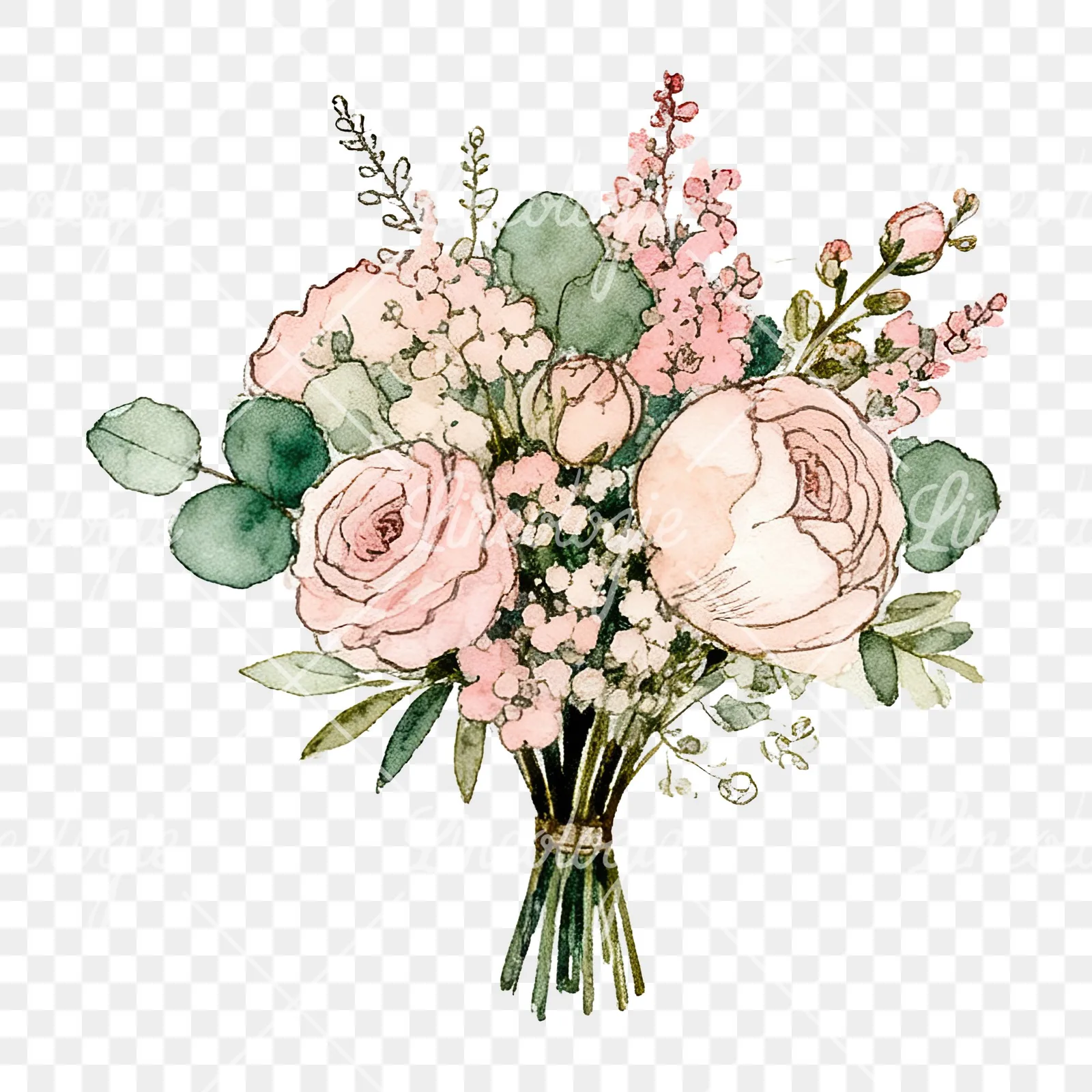 Watercolor pink peony sage wedding bouquet clipart 5 of 12 on a transparent background (PNG)