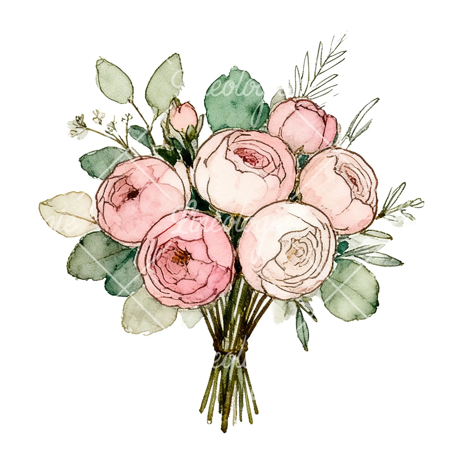 Watercolor pink peony sage wedding bouquet clipart 6 of 12 on a white background (JPG)
