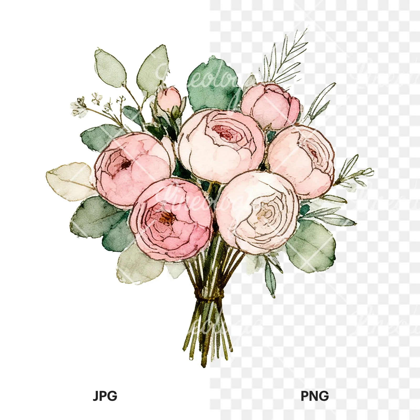 Watercolor pink peony sage wedding bouquet clipart 6 of 12, as a JPG on white and a transparent PNG