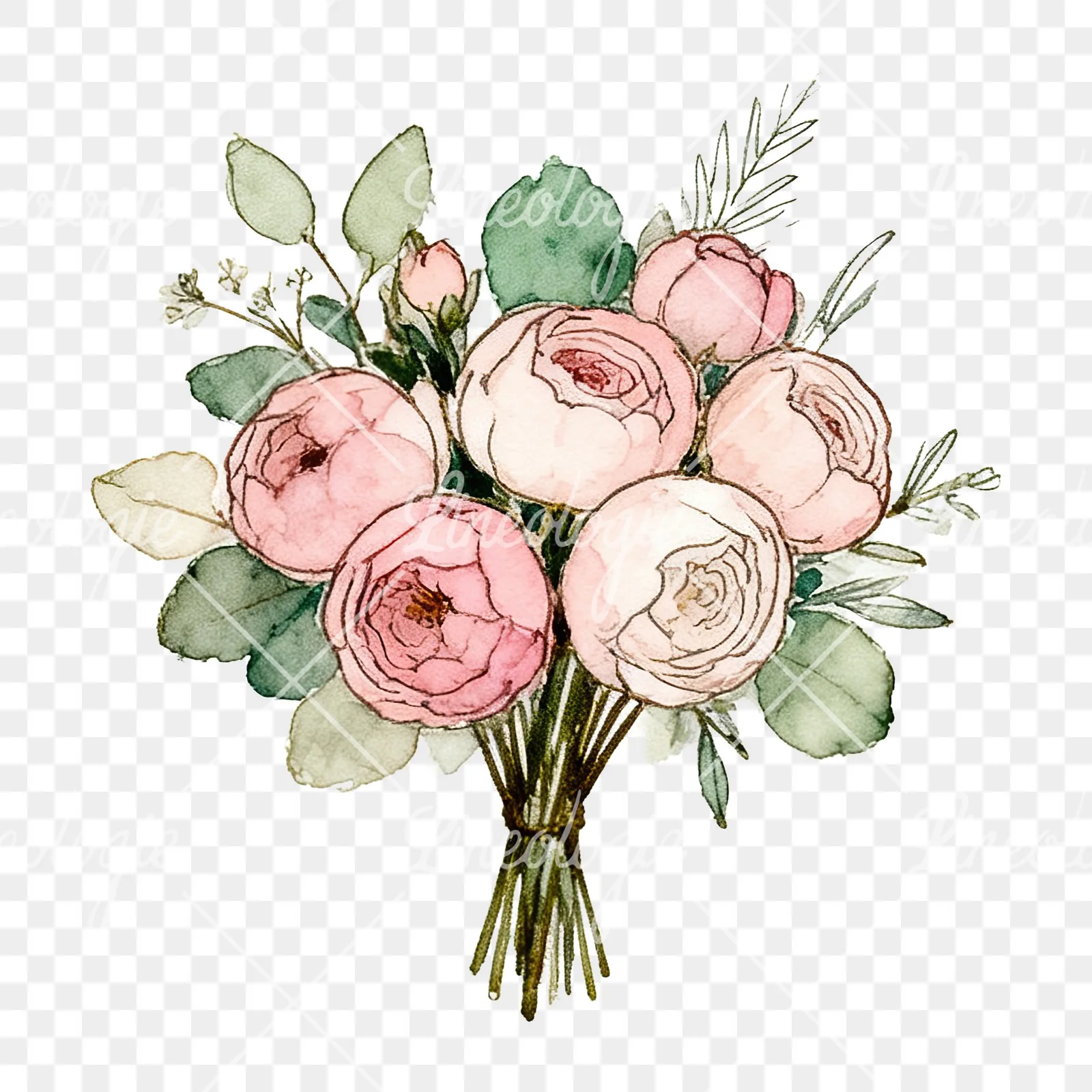 Watercolor pink peony sage wedding bouquet clipart 6 of 12 on a transparent background (PNG)