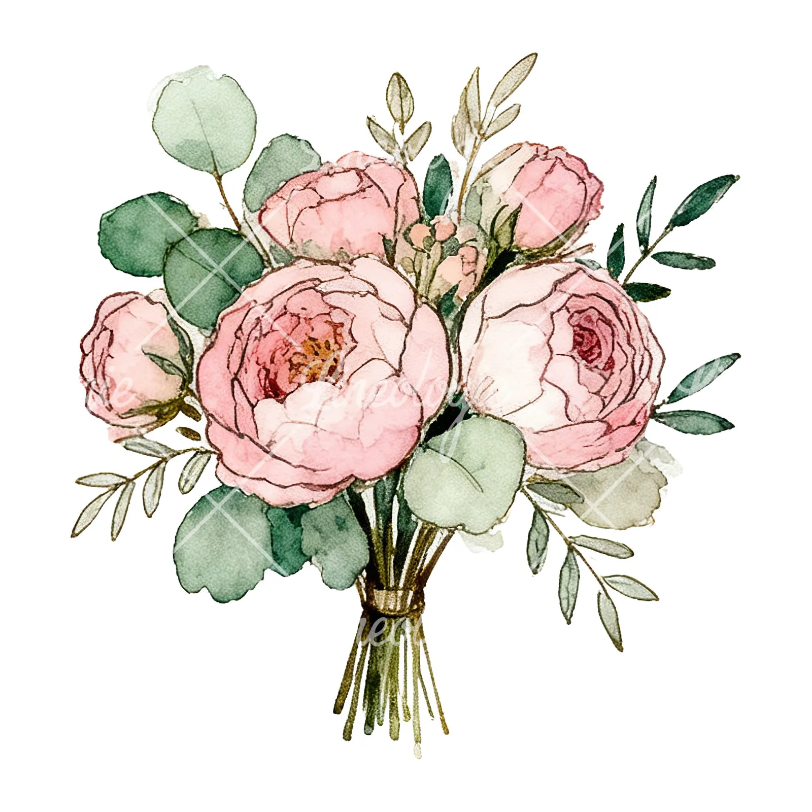 Watercolor pink peony sage wedding bouquet clipart 7 of 12 on a white background (JPG)