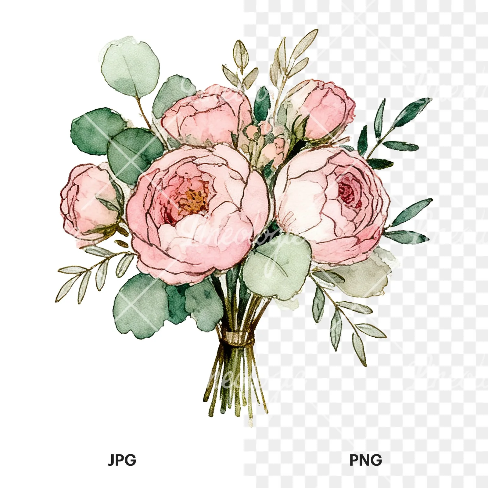 Watercolor pink peony sage wedding bouquet clipart 7 of 12, as a JPG on white and a transparent PNG