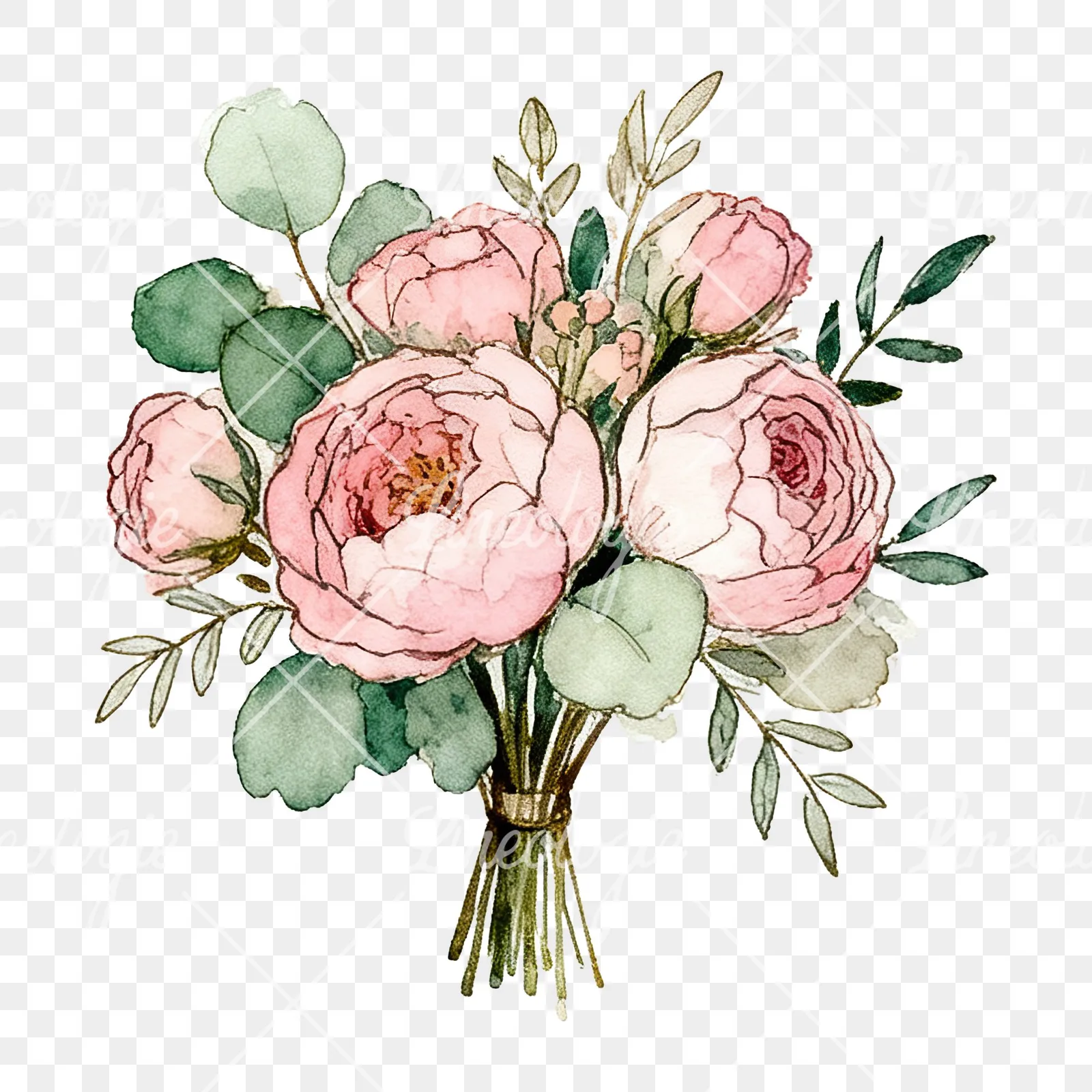 Watercolor pink peony sage wedding bouquet clipart 7 of 12 on a transparent background (PNG)