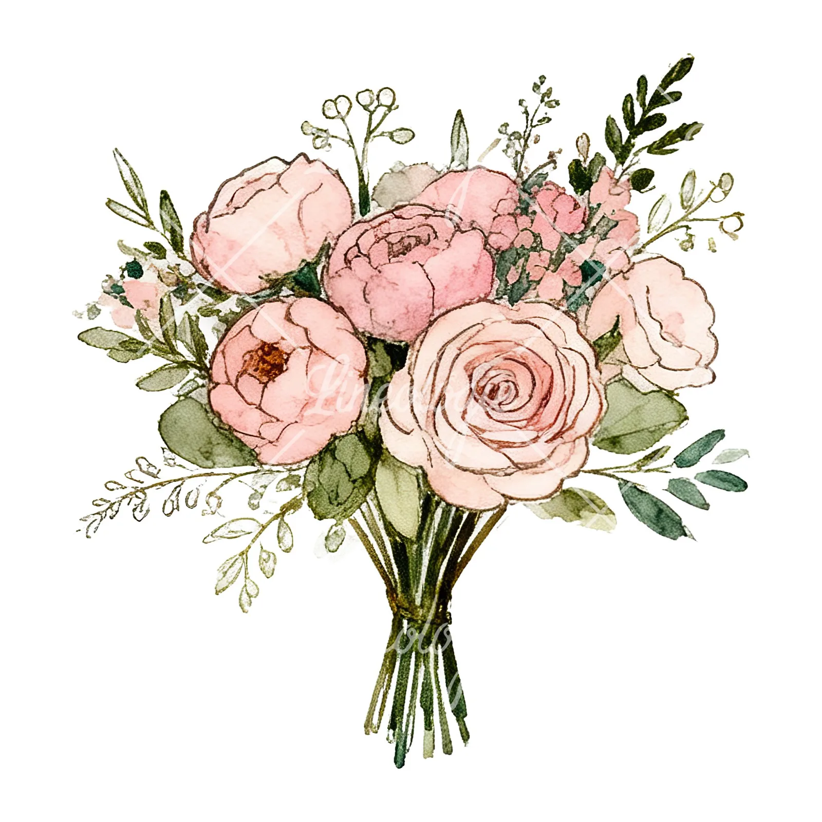 Watercolor pink peony sage wedding bouquet clipart 8 of 12 on a white background (JPG)