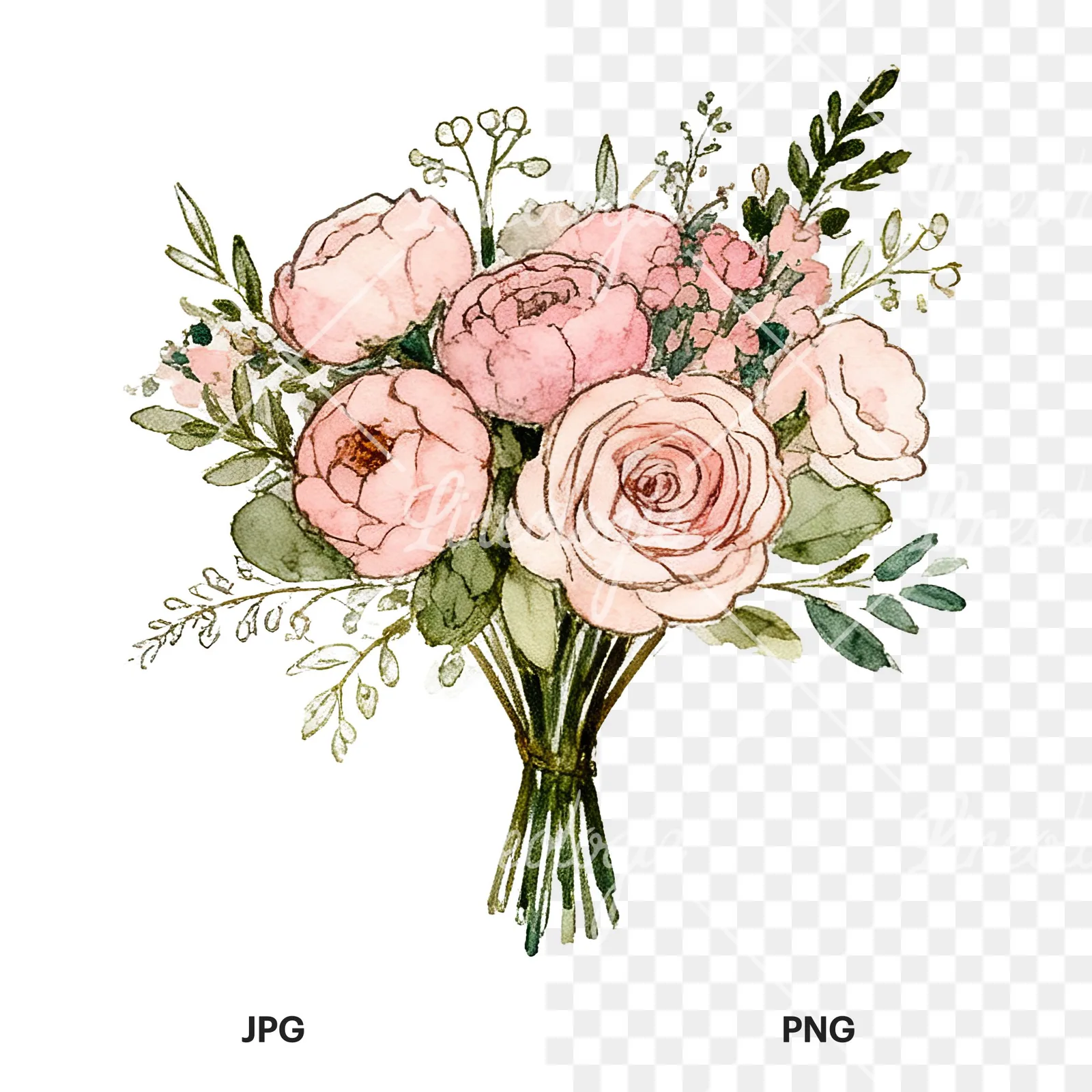 Watercolor pink peony sage wedding bouquet clipart 8 of 12, as a JPG on white and a transparent PNG