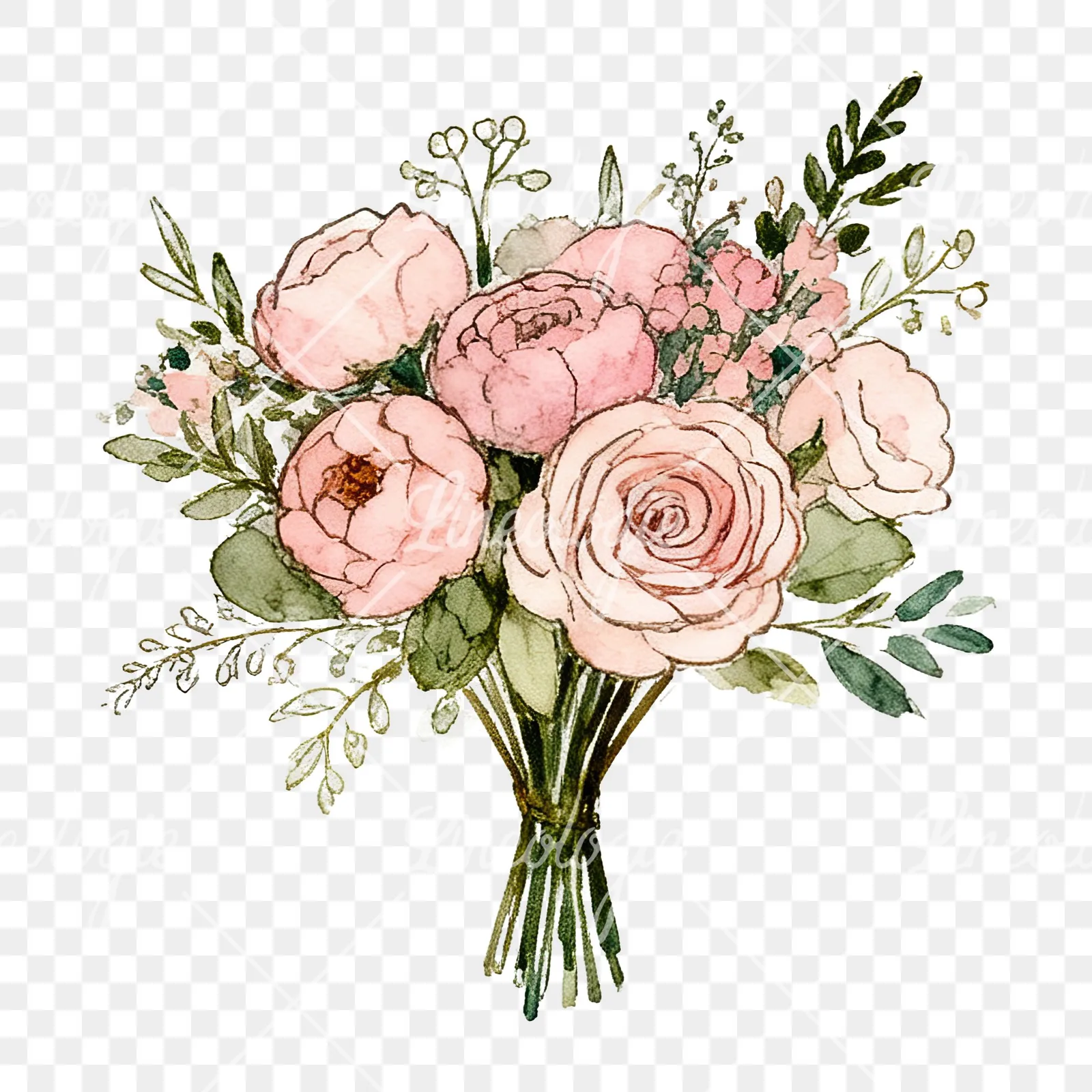 Watercolor pink peony sage wedding bouquet clipart 8 of 12 on a transparent background (PNG)