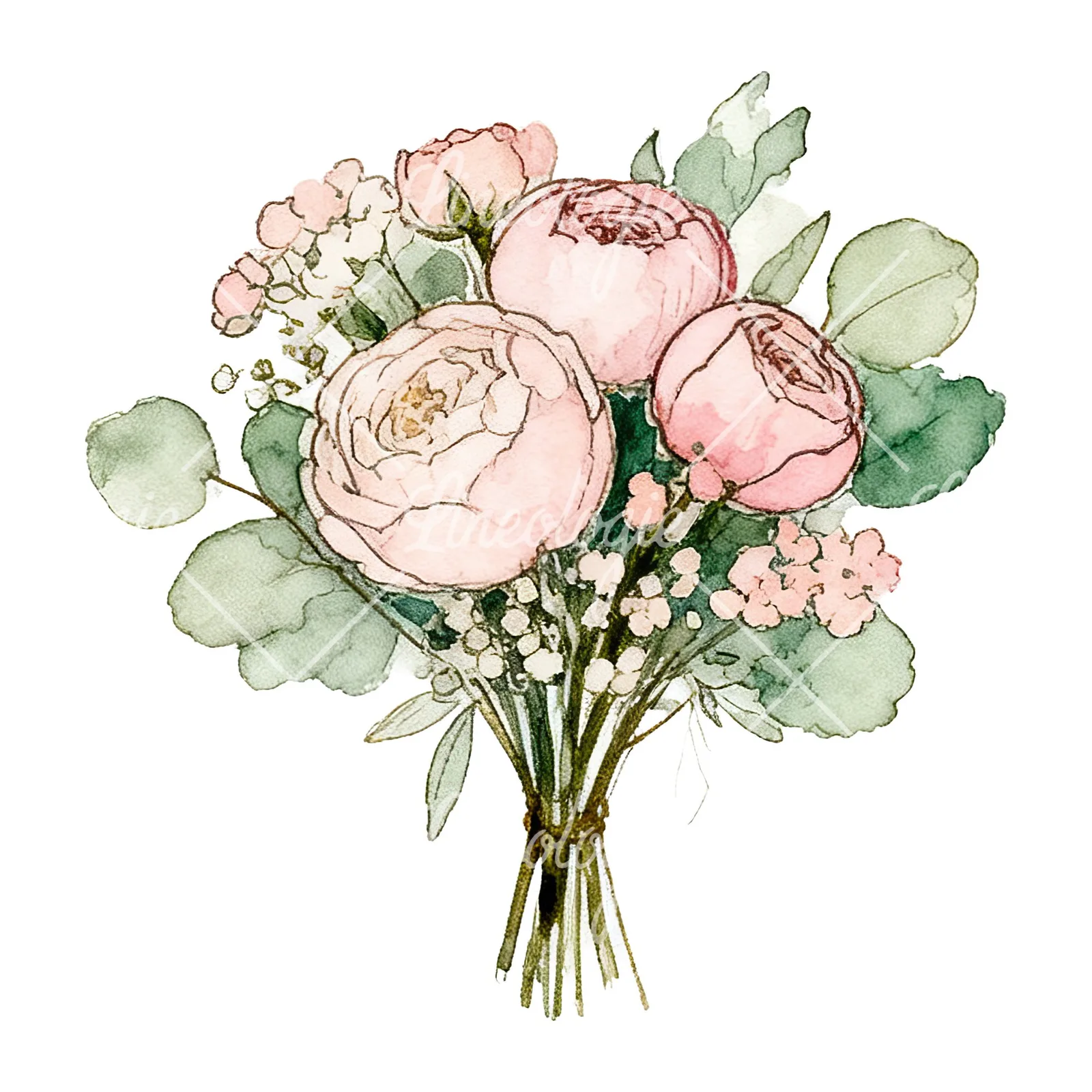 Watercolor pink peony sage wedding bouquet clipart 9 of 12 on a white background (JPG)