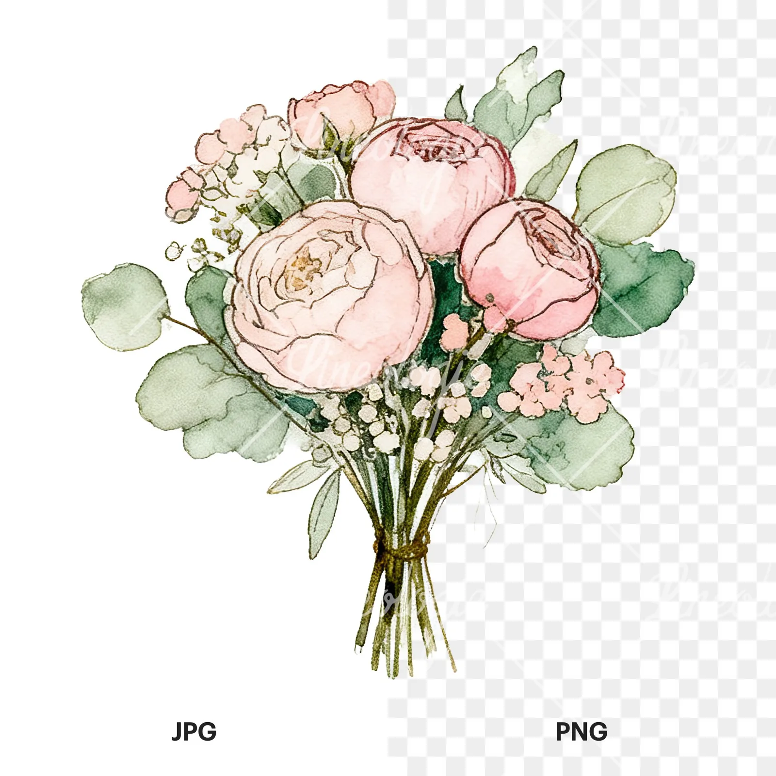 Watercolor pink peony sage wedding bouquet clipart 9 of 12, as a JPG on white and a transparent PNG