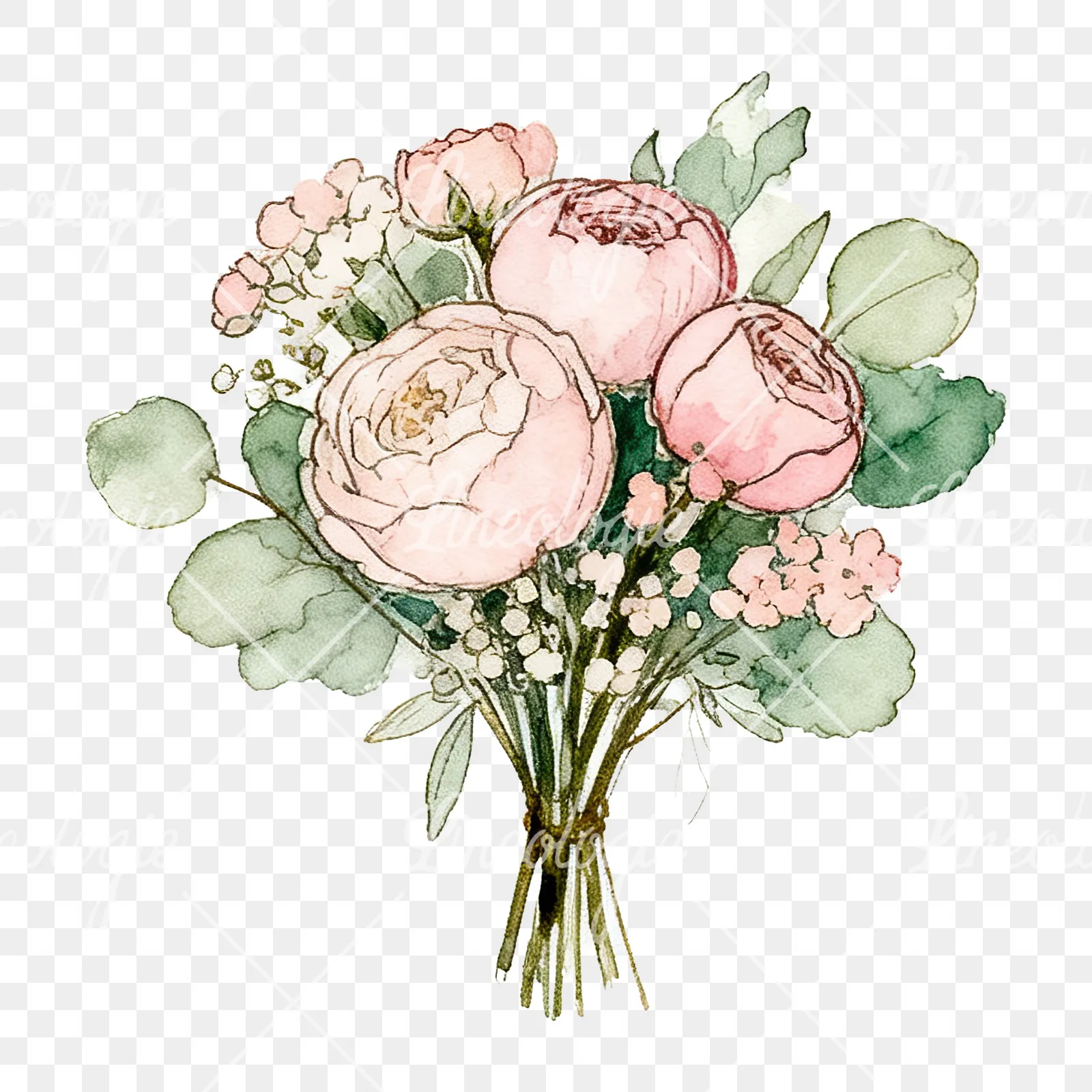 Watercolor pink peony sage wedding bouquet clipart 9 of 12 on a transparent background (PNG)