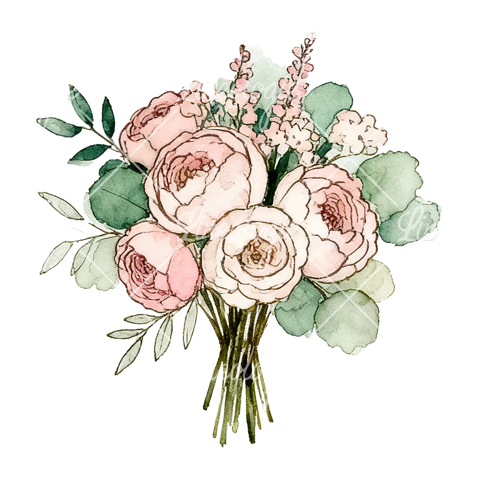 Watercolor pink peony sage wedding bouquet clipart 10 of 12 on a white background (JPG)