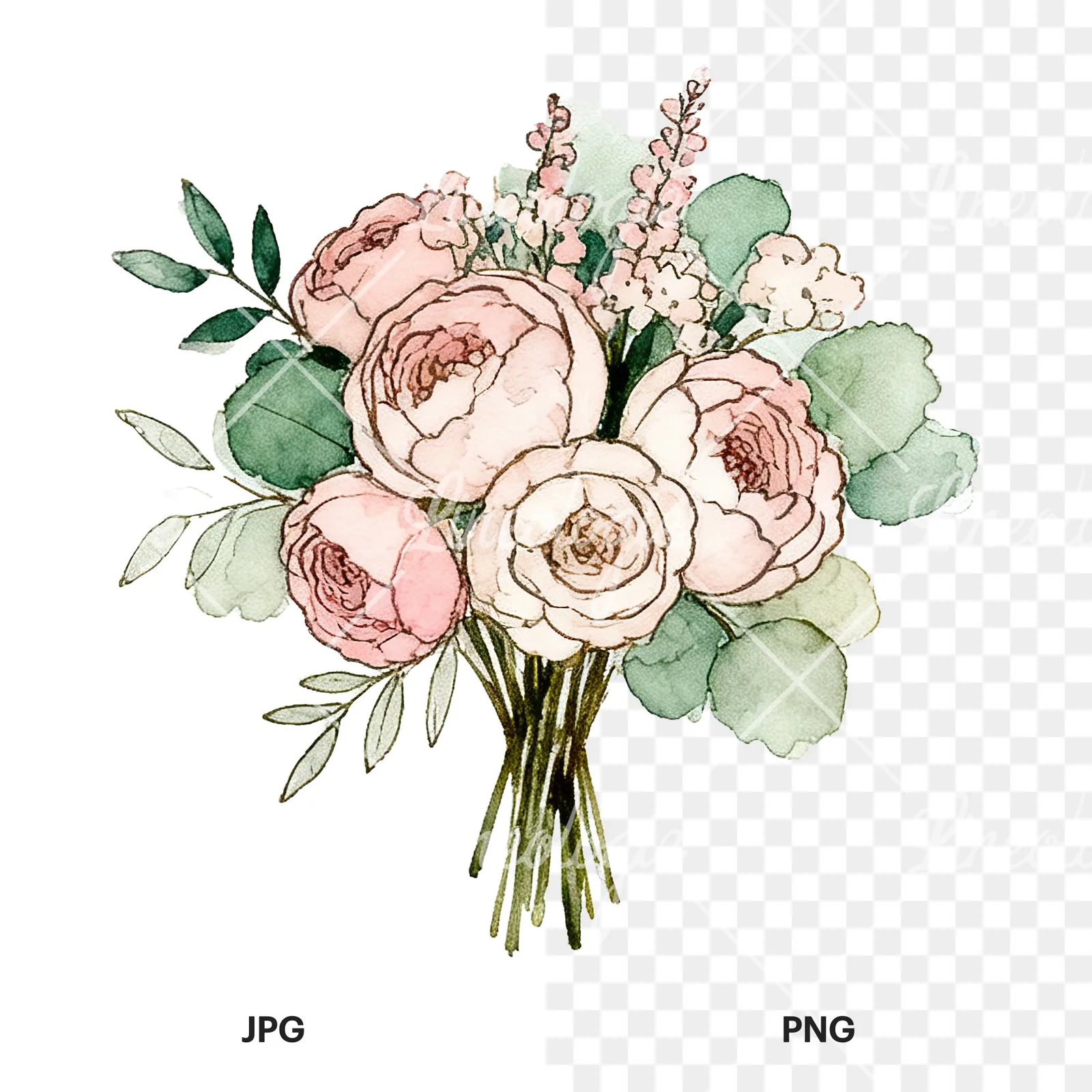 Watercolor pink peony sage wedding bouquet clipart 10 of 12, as a JPG on white and a transparent PNG