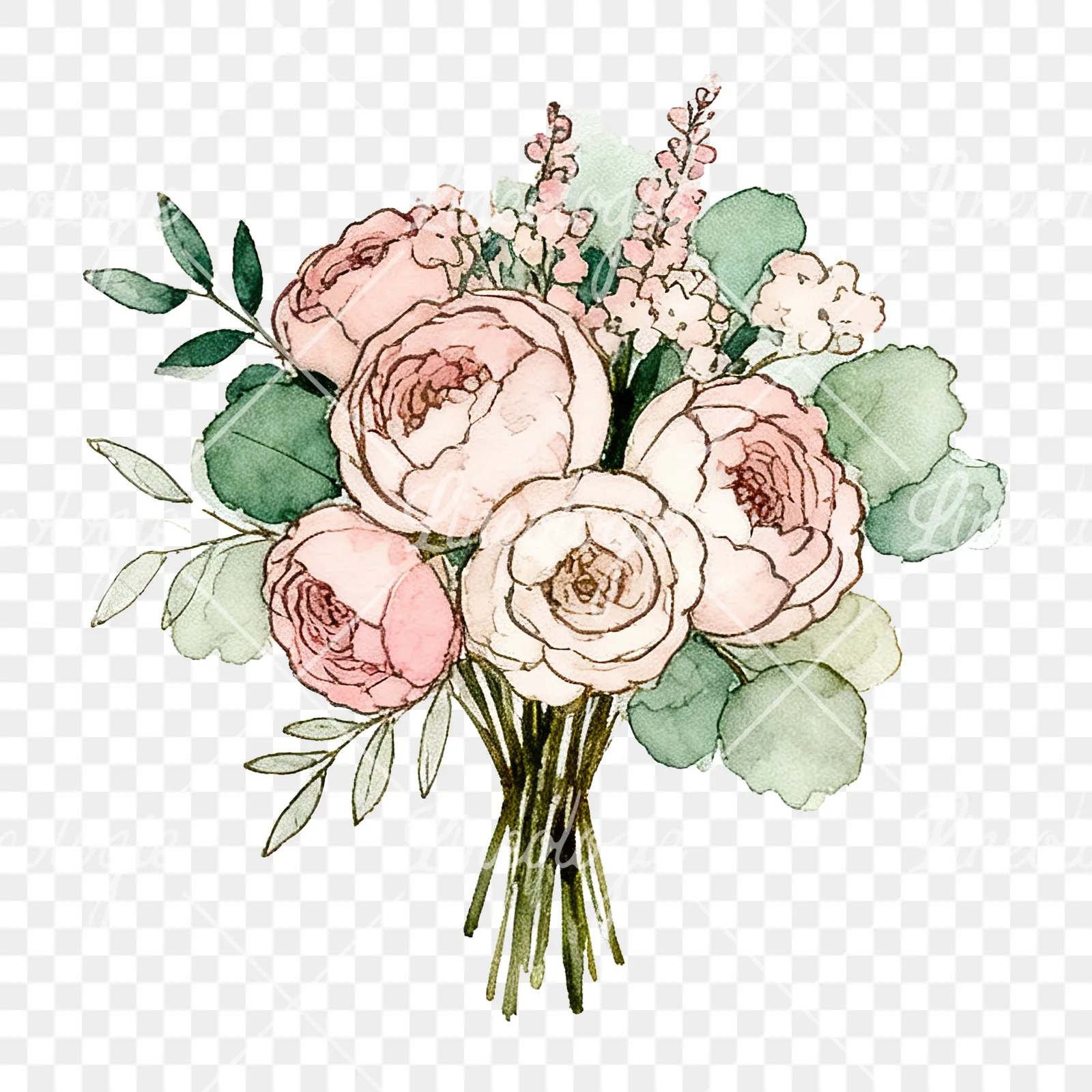 Watercolor pink peony sage wedding bouquet clipart 10 of 12 on a transparent background (PNG)