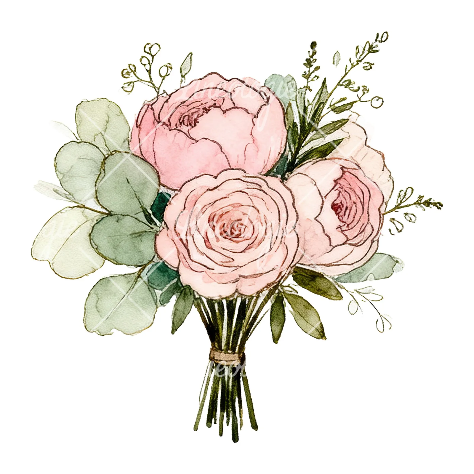 Watercolor pink peony sage wedding bouquet clipart 11 of 12 on a white background (JPG)