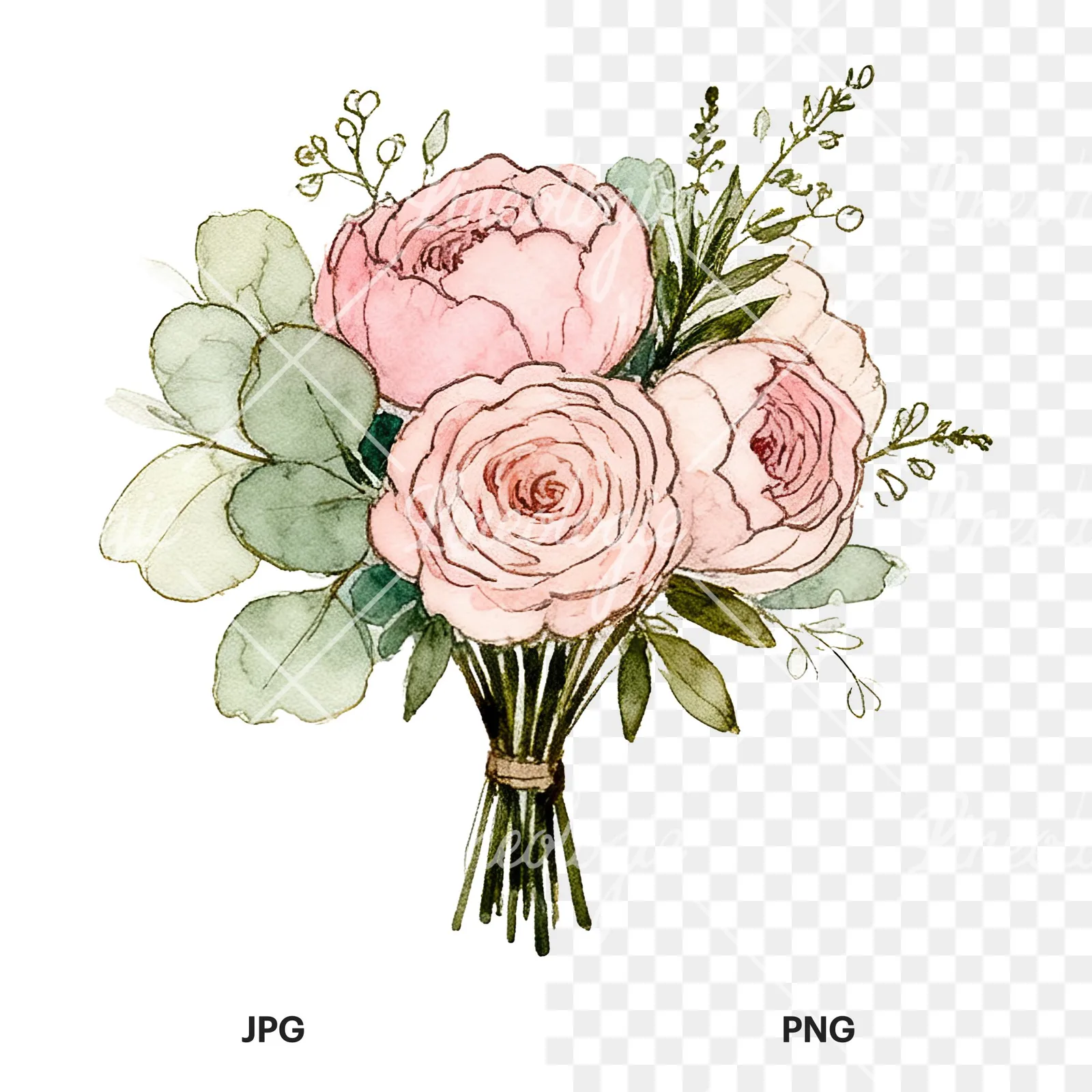 Watercolor pink peony sage wedding bouquet clipart 11 of 12, as a JPG on white and a transparent PNG