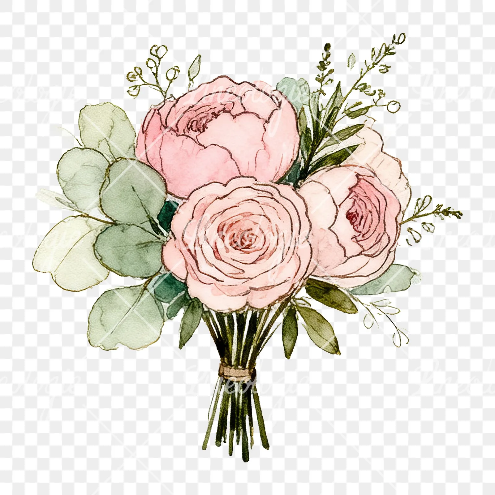 Watercolor pink peony sage wedding bouquet clipart 11 of 12 on a transparent background (PNG)