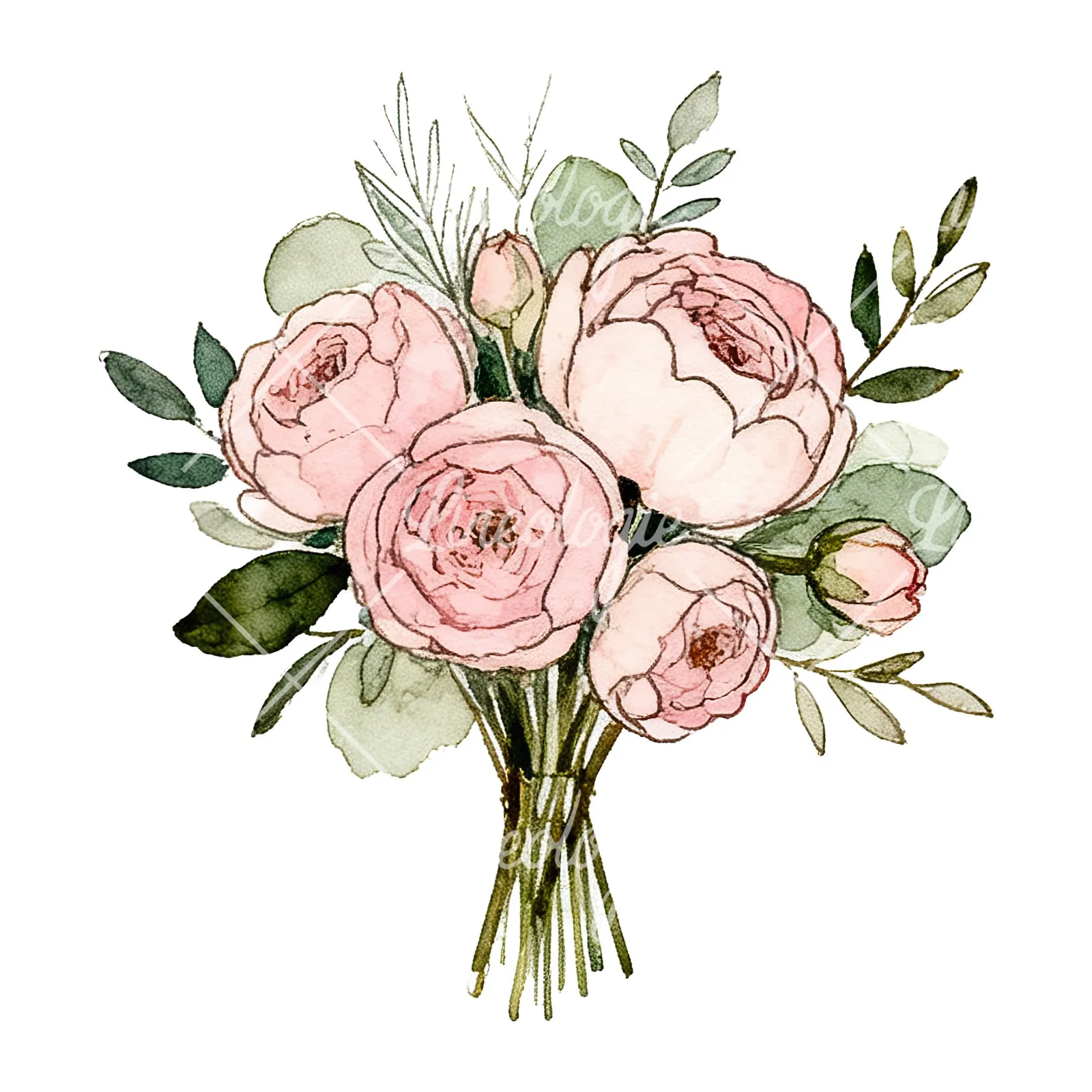 Watercolor pink peony sage wedding bouquet clipart 12 of 12 on a white background (JPG)