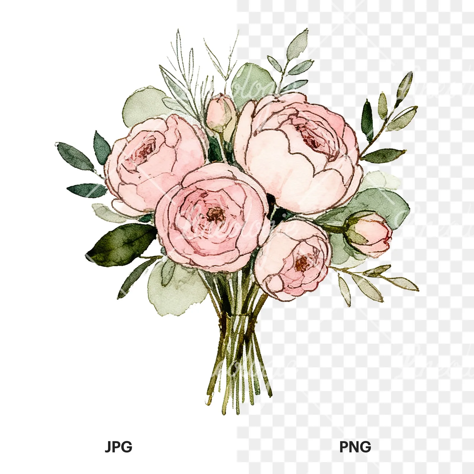Watercolor pink peony sage wedding bouquet clipart 12 of 12, as a JPG on white and a transparent PNG