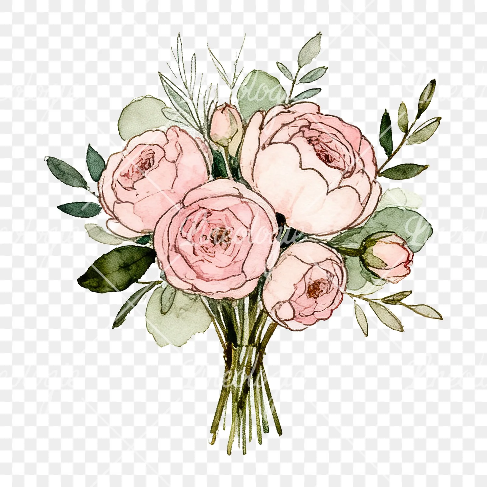 Watercolor pink peony sage wedding bouquet clipart 12 of 12 on a transparent background (PNG)