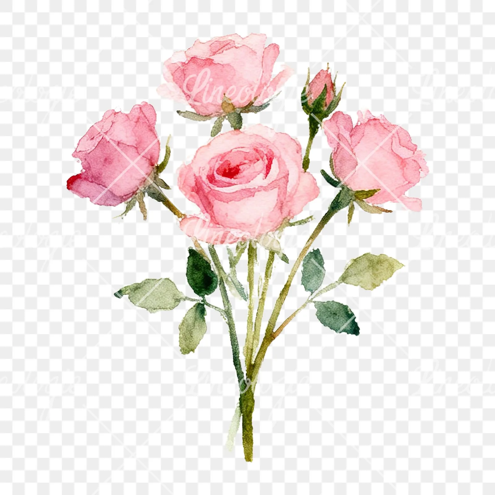 Watercolor pink rose bouquet with buds clipart 1 of 12 on a transparent background (PNG)