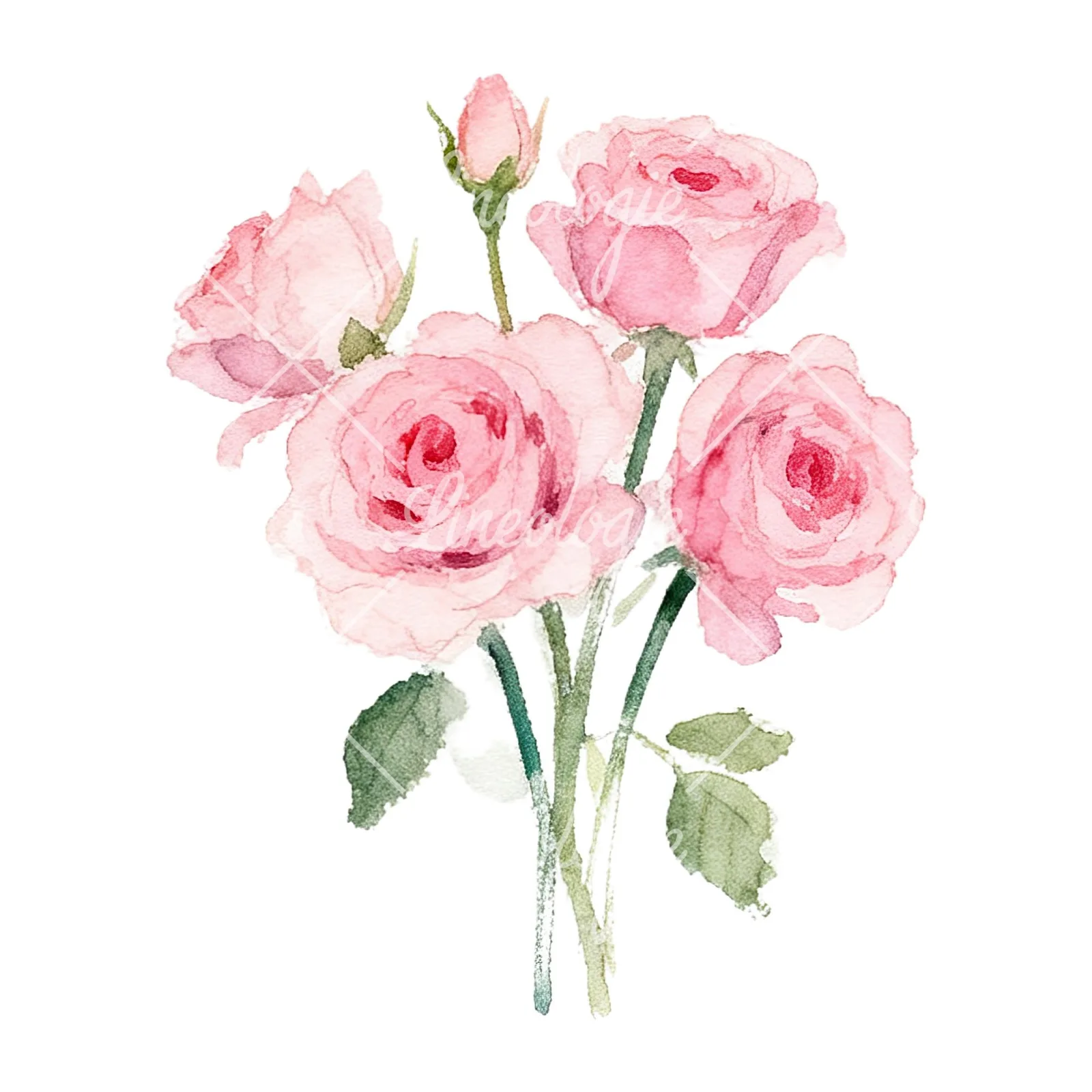 Watercolor pink rose bouquet with buds clipart 3 of 12 on a white background (JPG)