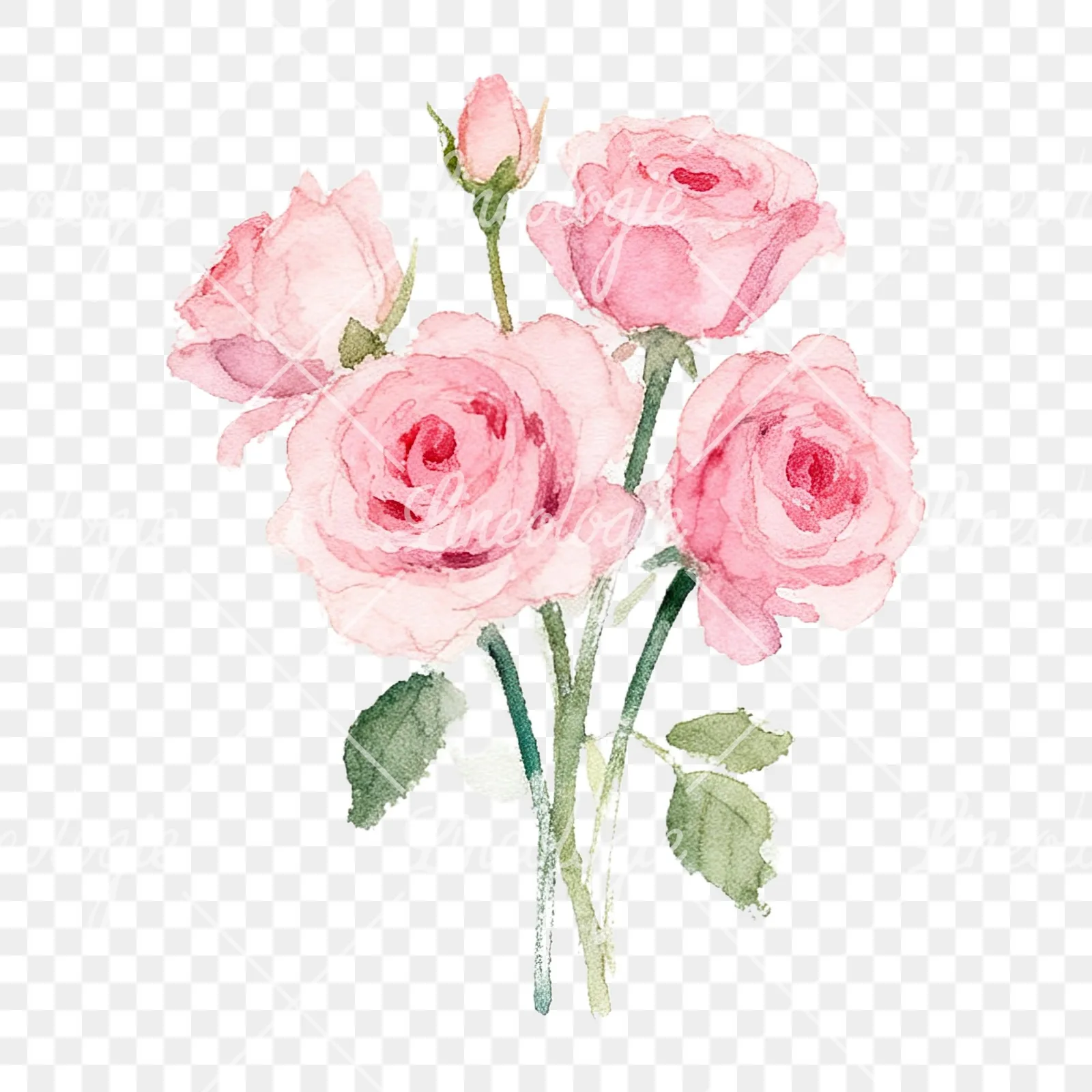 Watercolor pink rose bouquet with buds clipart 3 of 12 on a transparent background (PNG)
