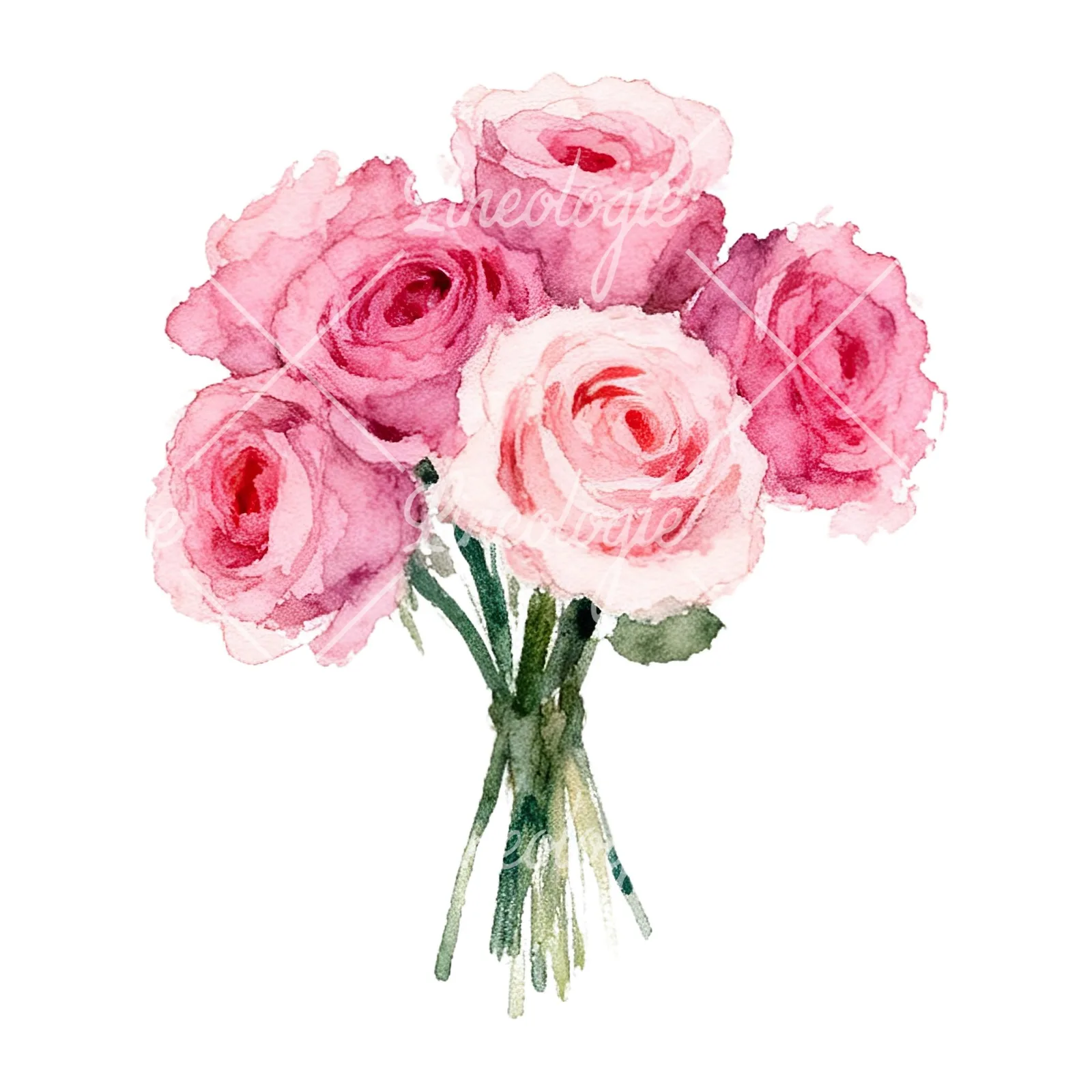 Watercolor pink rose bouquet with buds clipart 5 of 12 on a white background (JPG)