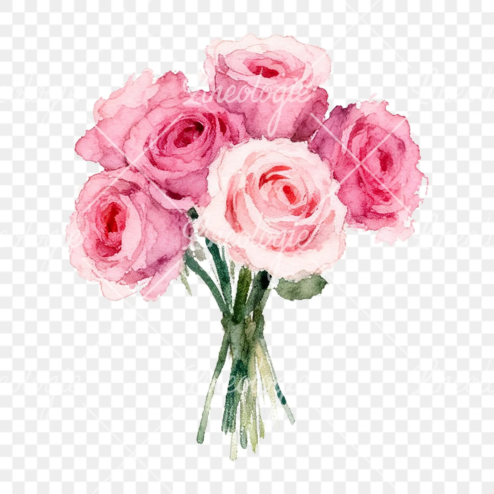 Watercolor pink rose bouquet with buds clipart 5 of 12 on a transparent background (PNG)