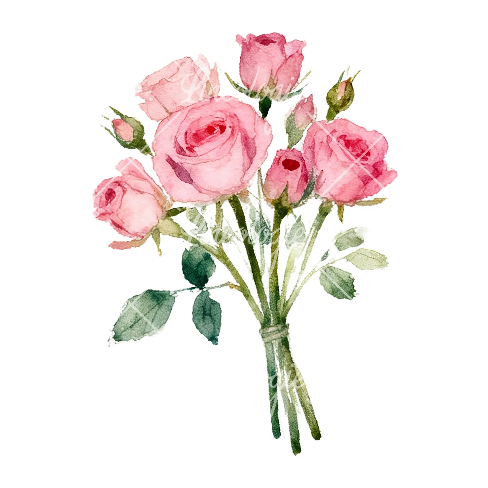Watercolor pink rose bouquet with buds clipart 6 of 12 on a white background (JPG)