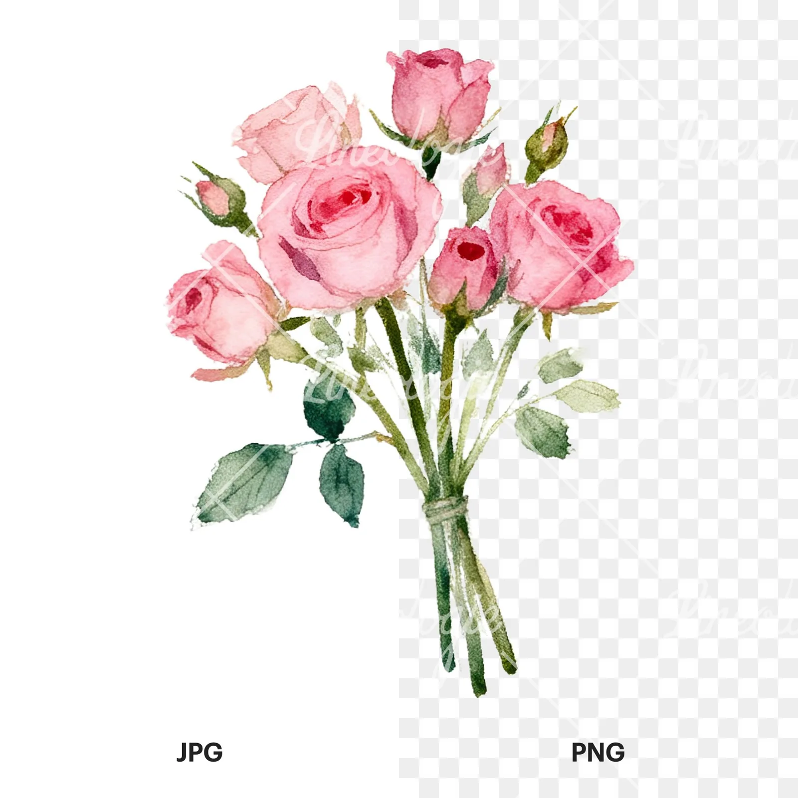 Watercolor pink rose bouquet with buds clipart 6 of 12, as a JPG on white and a transparent PNG