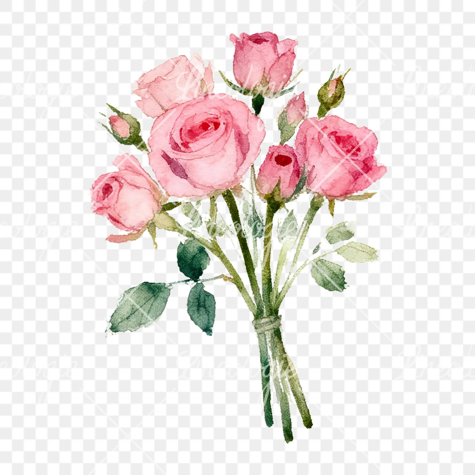 Watercolor pink rose bouquet with buds clipart 6 of 12 on a transparent background (PNG)