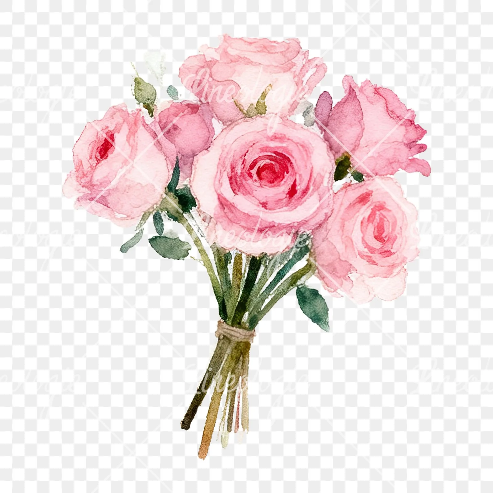 Watercolor pink rose bouquet with buds clipart 7 of 12 on a transparent background (PNG)