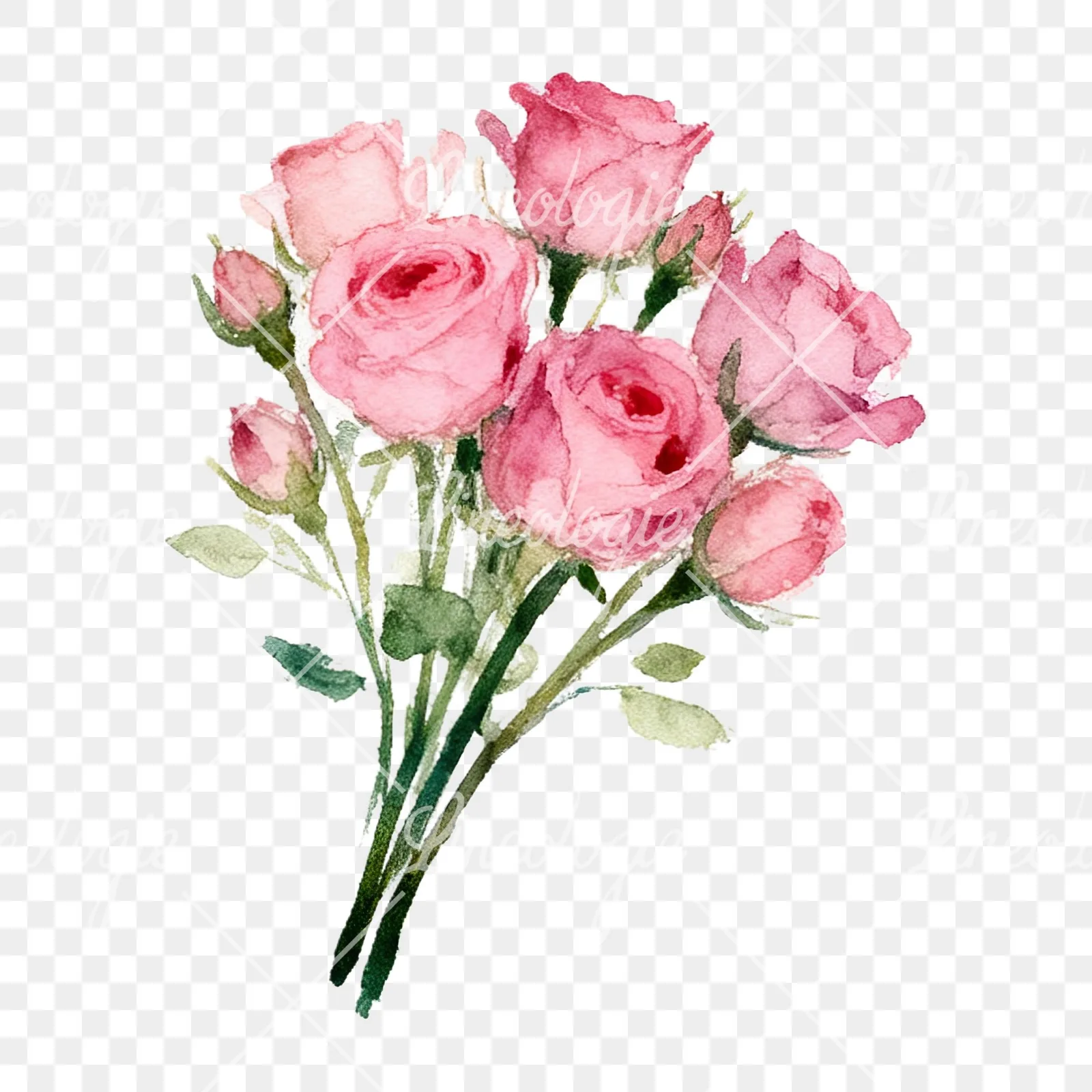Watercolor pink rose bouquet with buds clipart 9 of 12 on a transparent background (PNG)