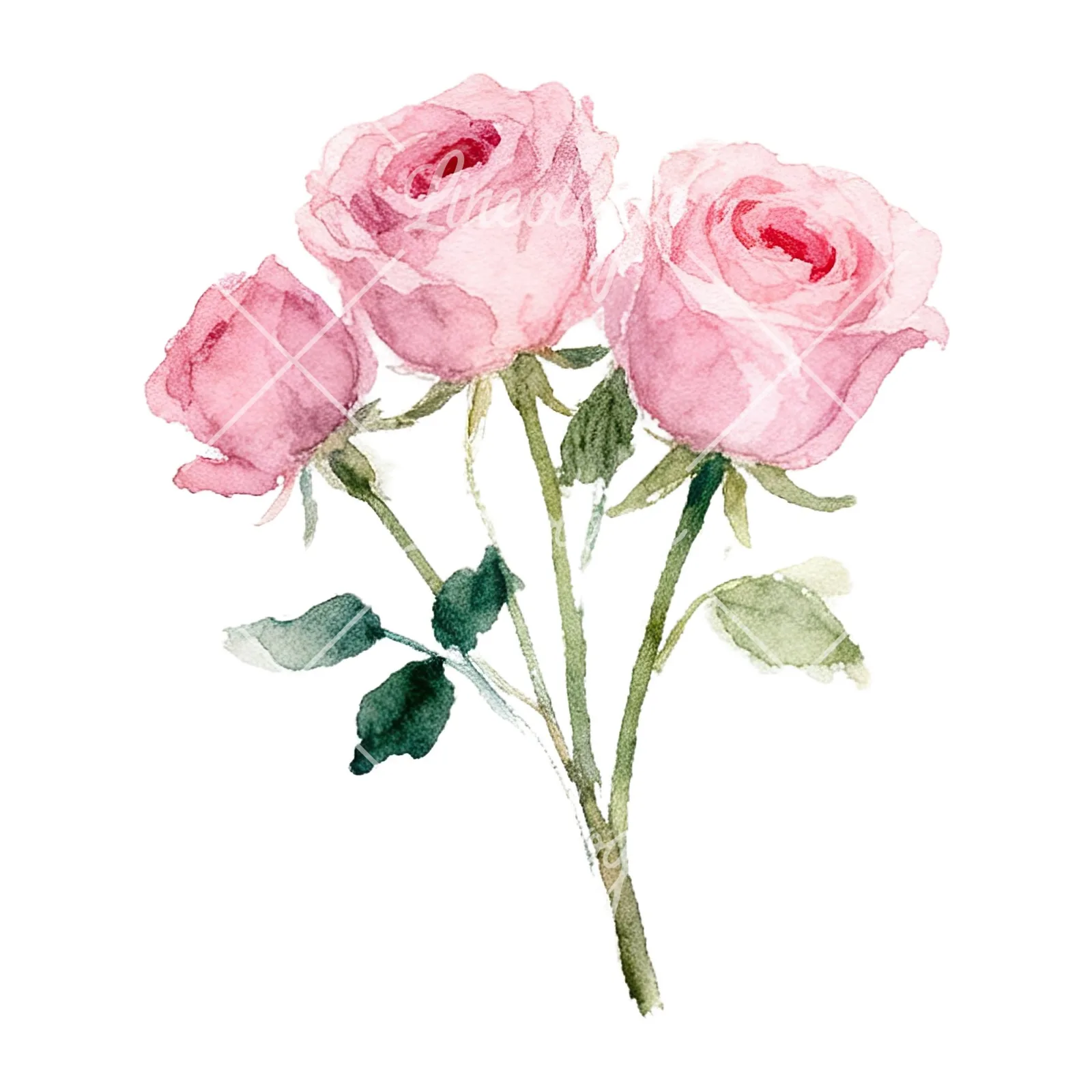 Watercolor pink rose bouquet with buds clipart 10 of 12 on a white background (JPG)