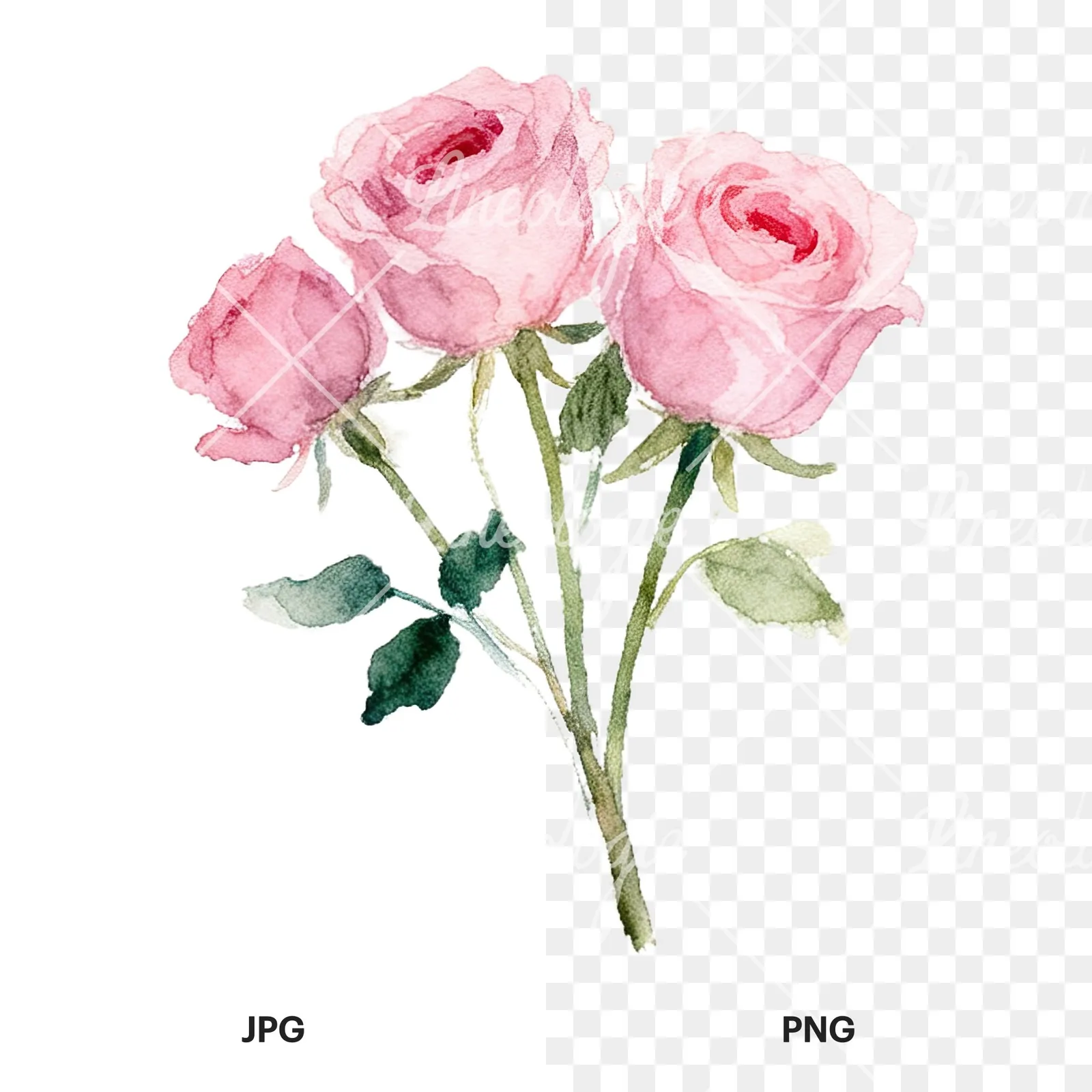 Watercolor pink rose bouquet with buds clipart 10 of 12, as a JPG on white and a transparent PNG